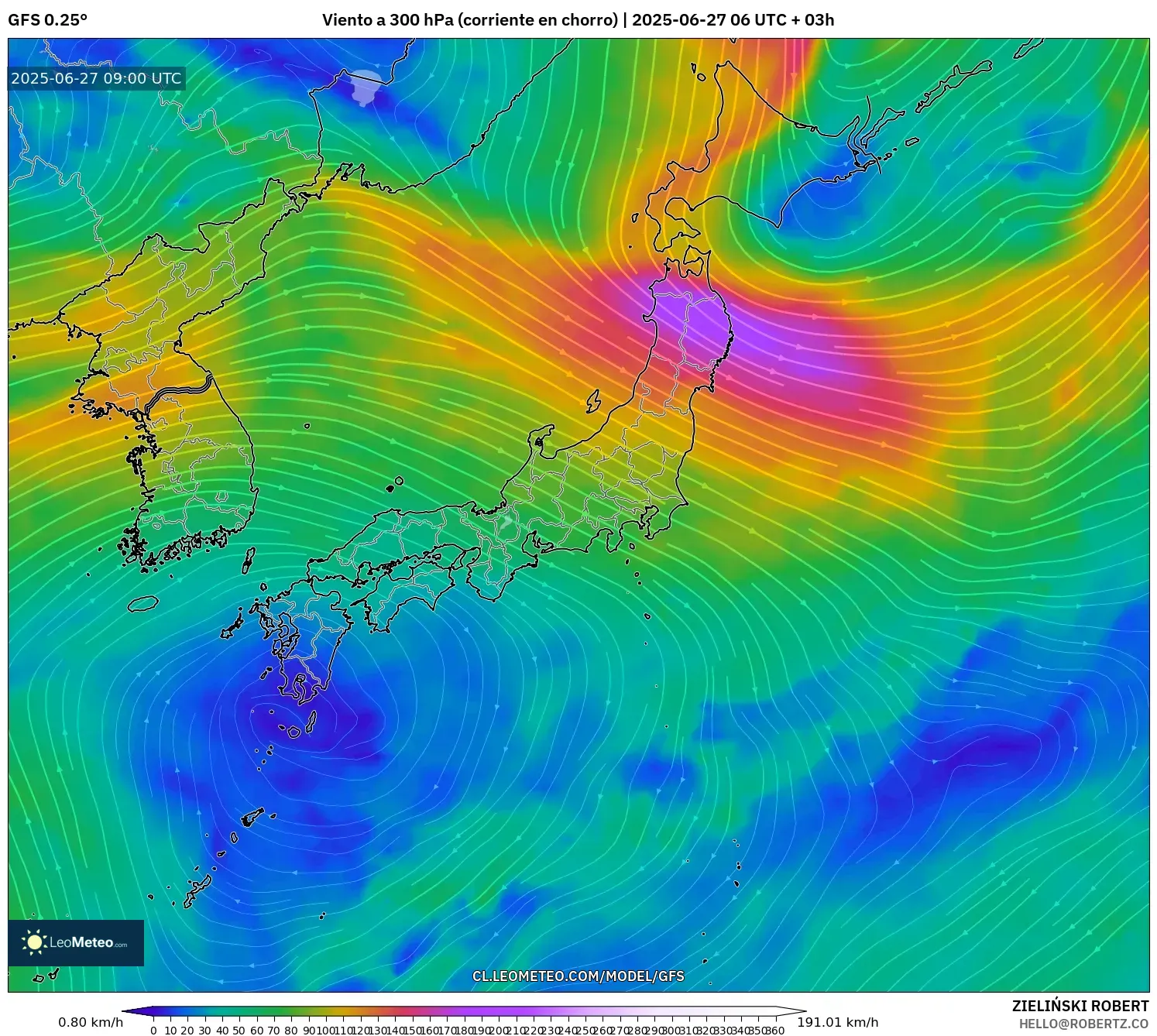 GFS model - Japón, Viento a 300 hPa (corriente en chorro) GFS model - Japón, Viento a 300 hPa (corriente en chorro)