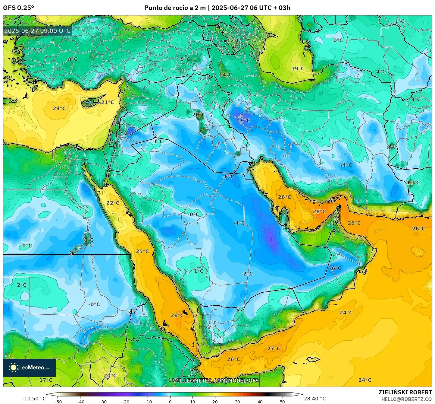 GFS model - Oriente Medio, Punto de rocío a 2 m GFS model - Oriente Medio, Punto de rocío a 2 m