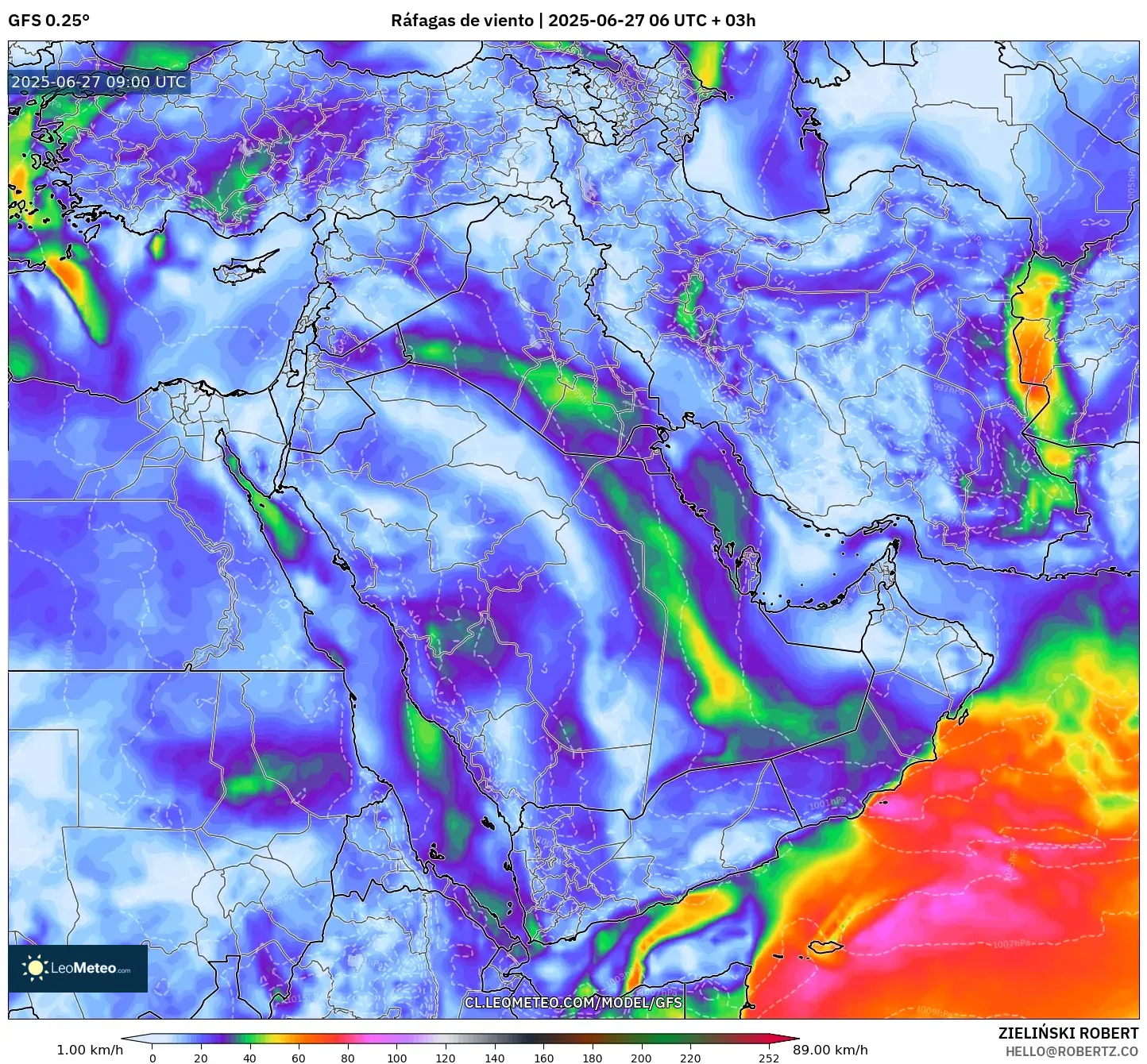 GFS model - Oriente Medio, Ráfagas de viento GFS model - Oriente Medio, Ráfagas de viento