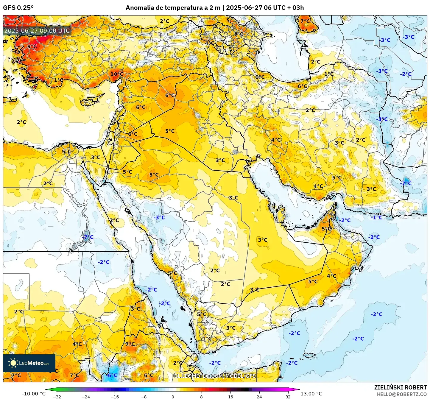 GFS model - Oriente Medio, Anomalía de temperatura a 2 m GFS model - Oriente Medio, Anomalía de temperatura a 2 m