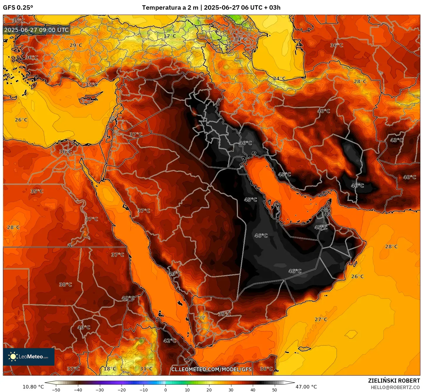 GFS model - Oriente Medio, Temperatura a 2 m GFS model - Oriente Medio, Temperatura a 2 m