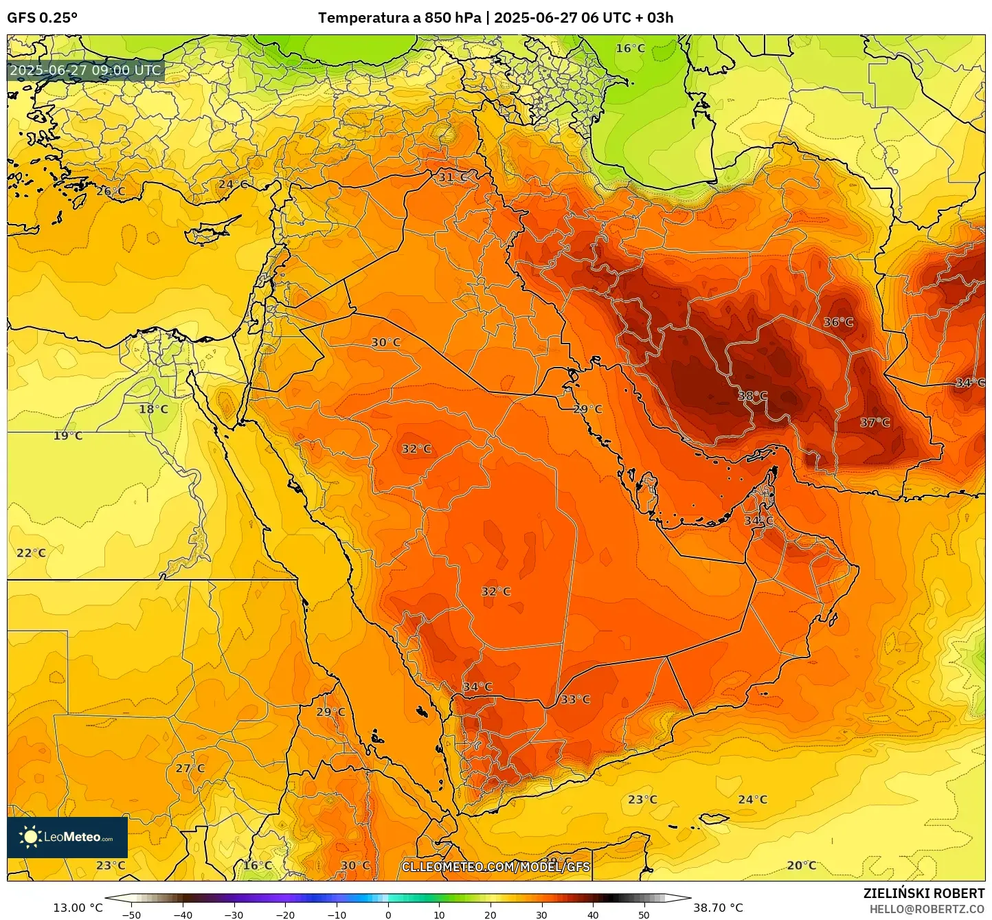 GFS model - Oriente Medio, Temperatura a 850 hPa GFS model - Oriente Medio, Temperatura a 850 hPa