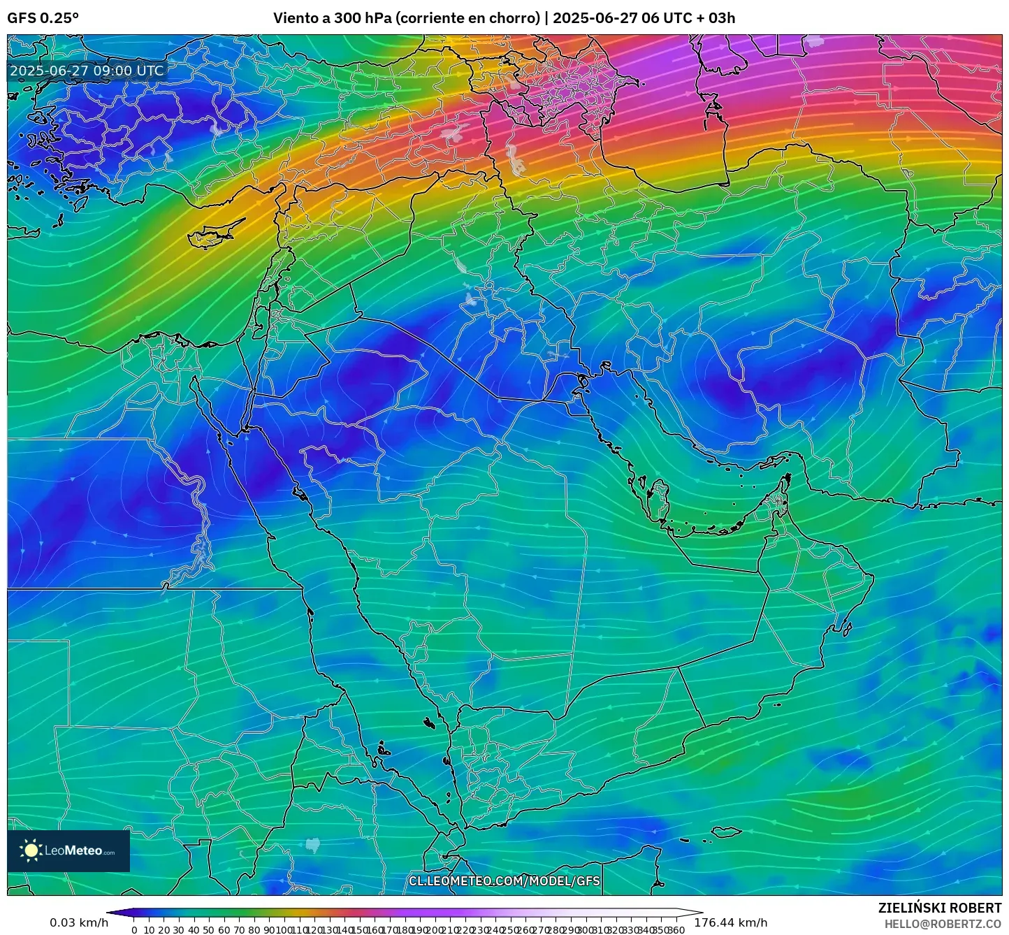 GFS model - Oriente Medio, Viento a 300 hPa (corriente en chorro) GFS model - Oriente Medio, Viento a 300 hPa (corriente en chorro)