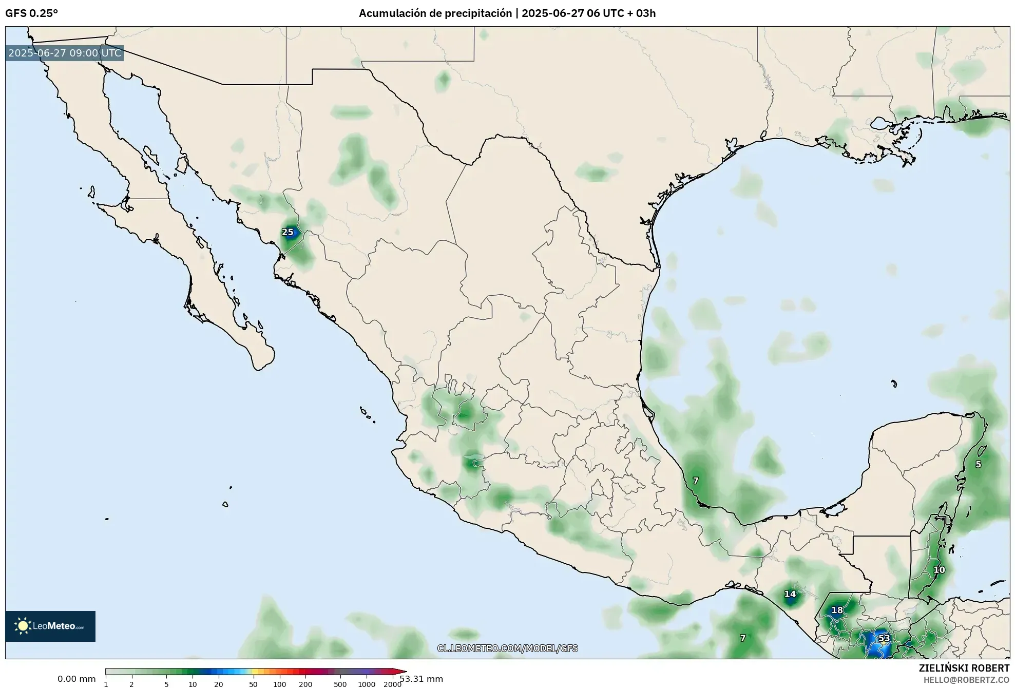 GFS model - México, Acumulación de precipitación GFS model - México, Acumulación de precipitación