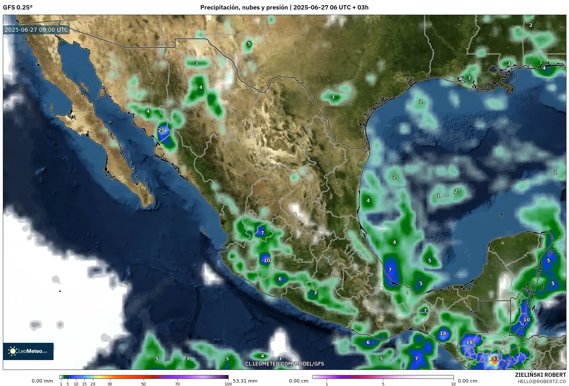 GFS model - México, Precipitación, nubes y presión GFS model - México, Precipitación, nubes y presión