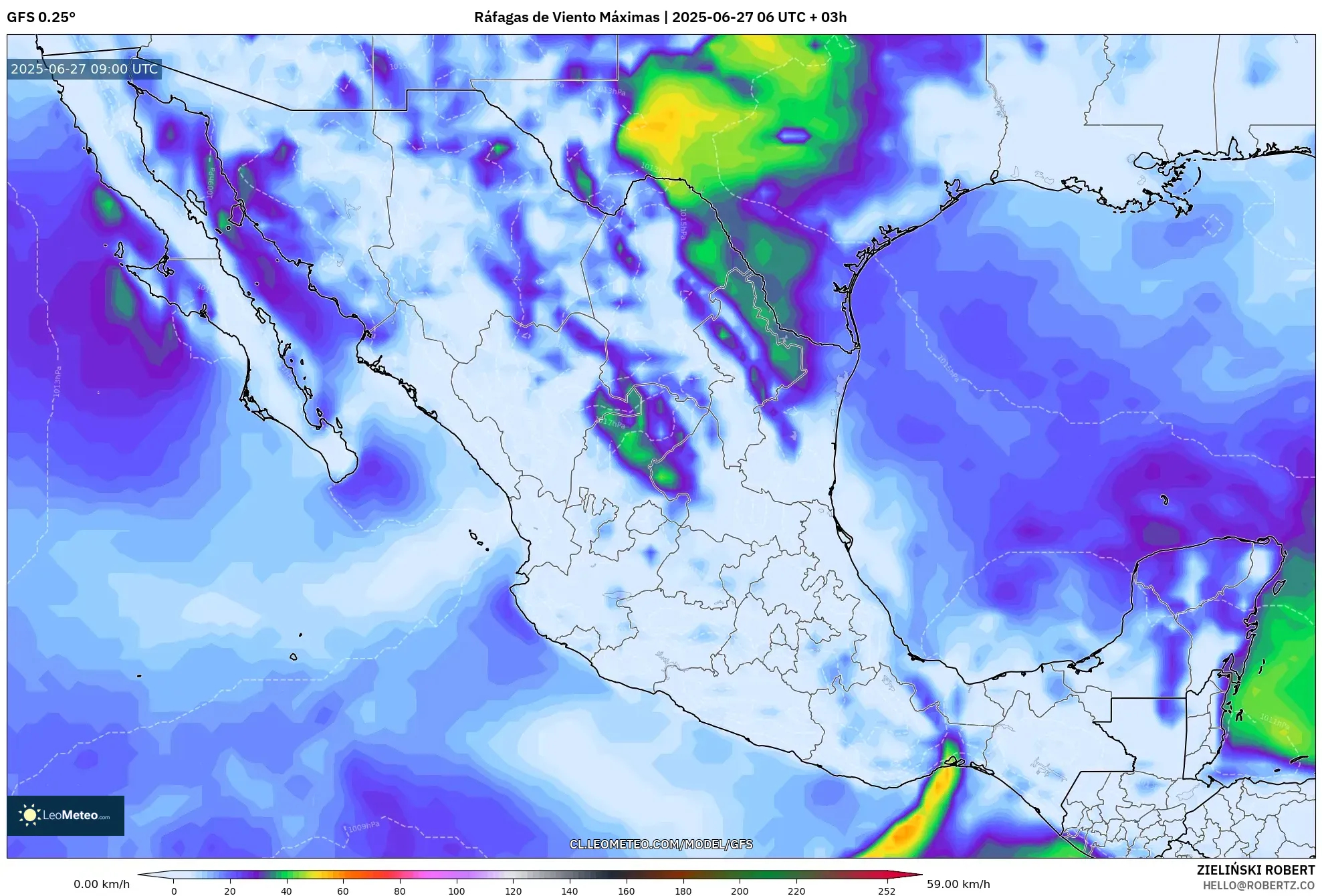 GFS model - México, Ráfagas de Viento Máximas GFS model - México, Ráfagas de Viento Máximas