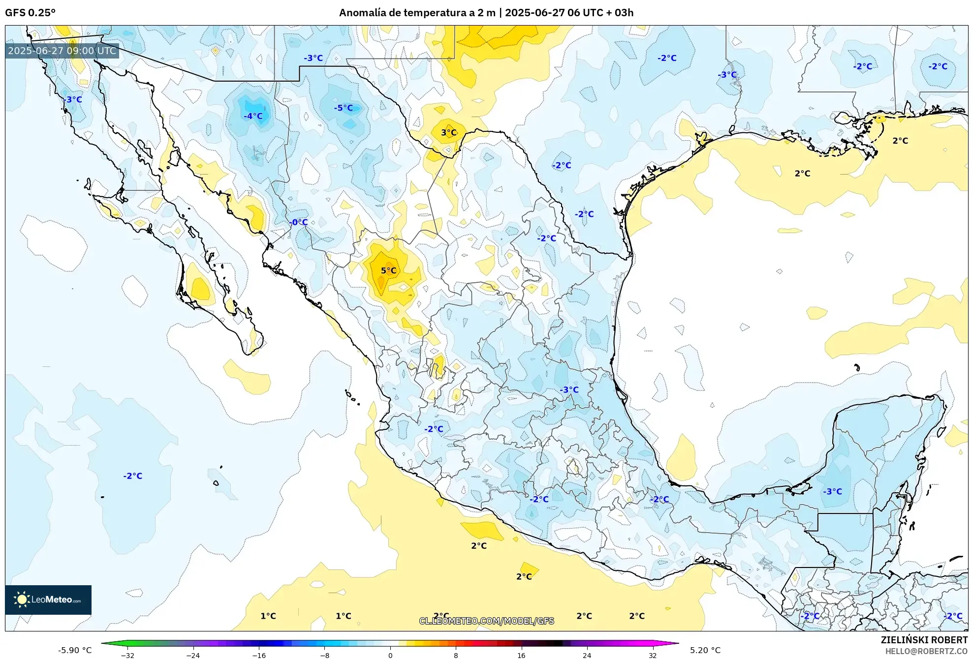 GFS model - México, Anomalía de temperatura a 2 m GFS model - México, Anomalía de temperatura a 2 m