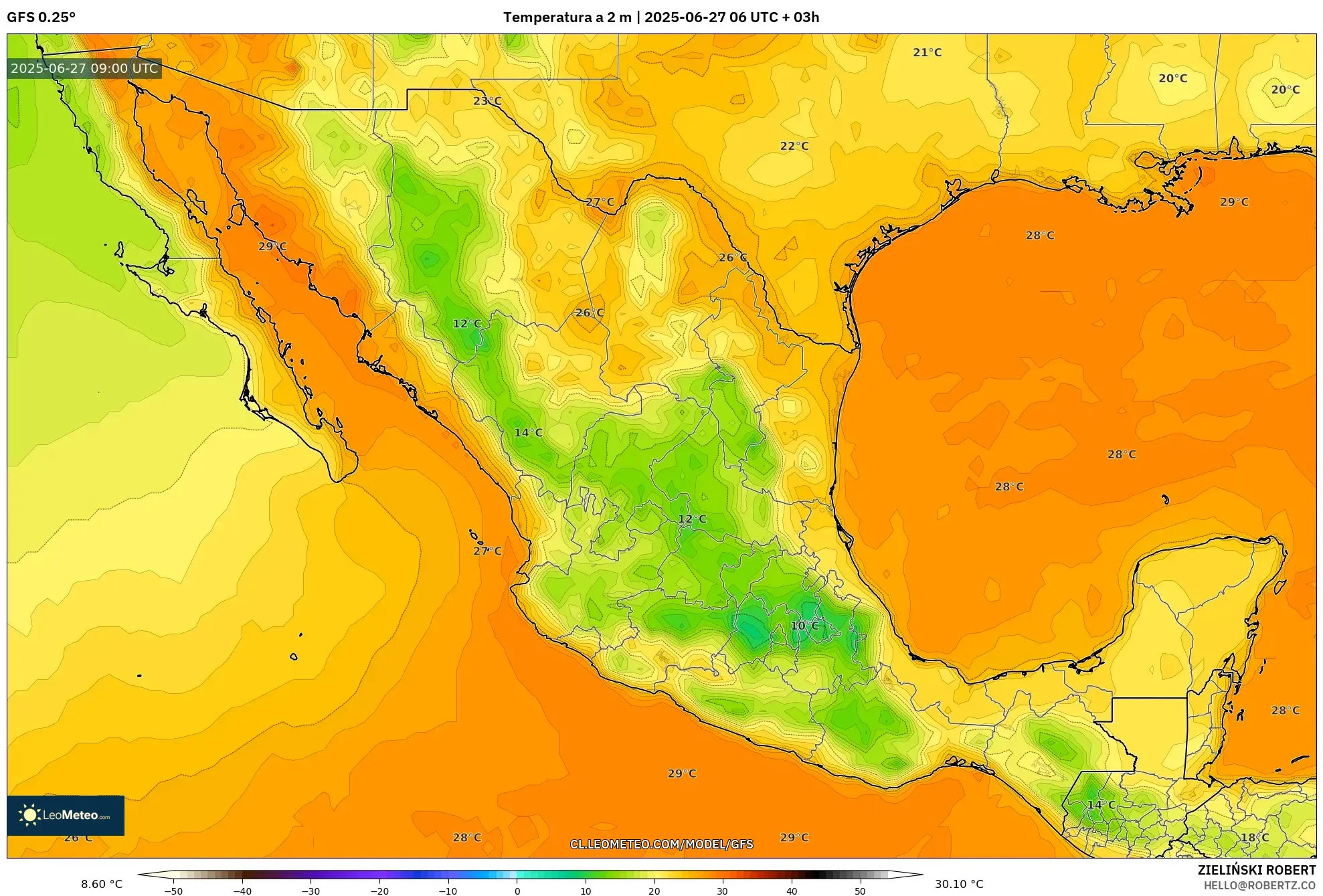 GFS model - México, Temperatura a 2 m GFS model - México, Temperatura a 2 m