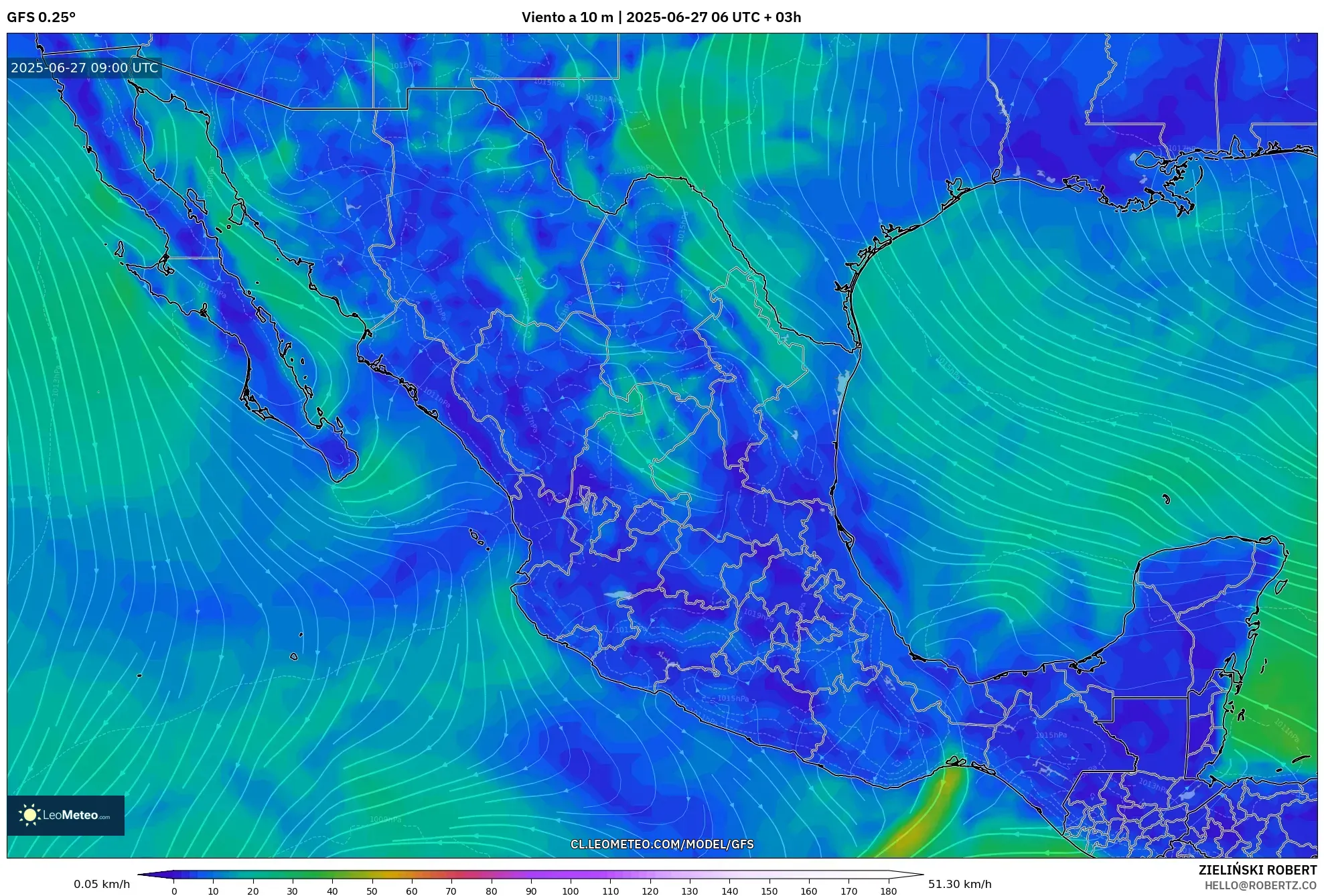 GFS model - México, Viento a 10 m GFS model - México, Viento a 10 m