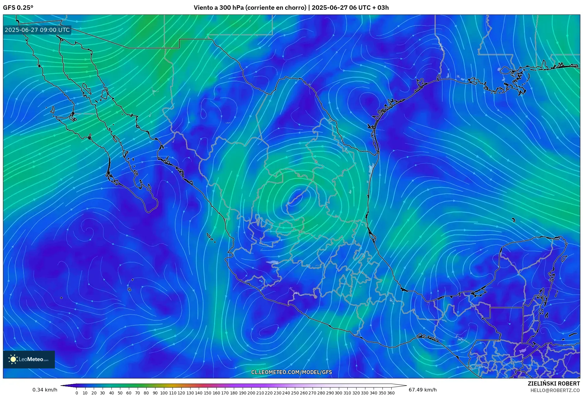 GFS model - México, Viento a 300 hPa (corriente en chorro) GFS model - México, Viento a 300 hPa (corriente en chorro)