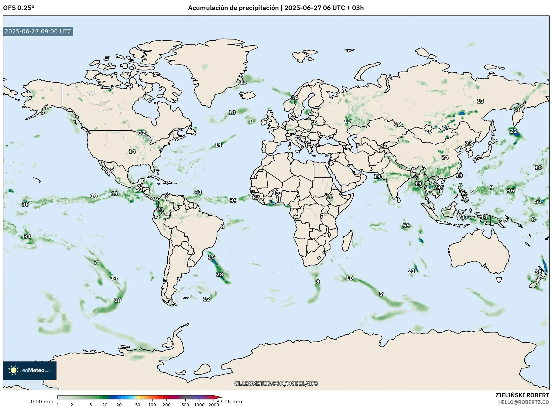 GFS model - Mundo, Acumulación de precipitación GFS model - Mundo, Acumulación de precipitación