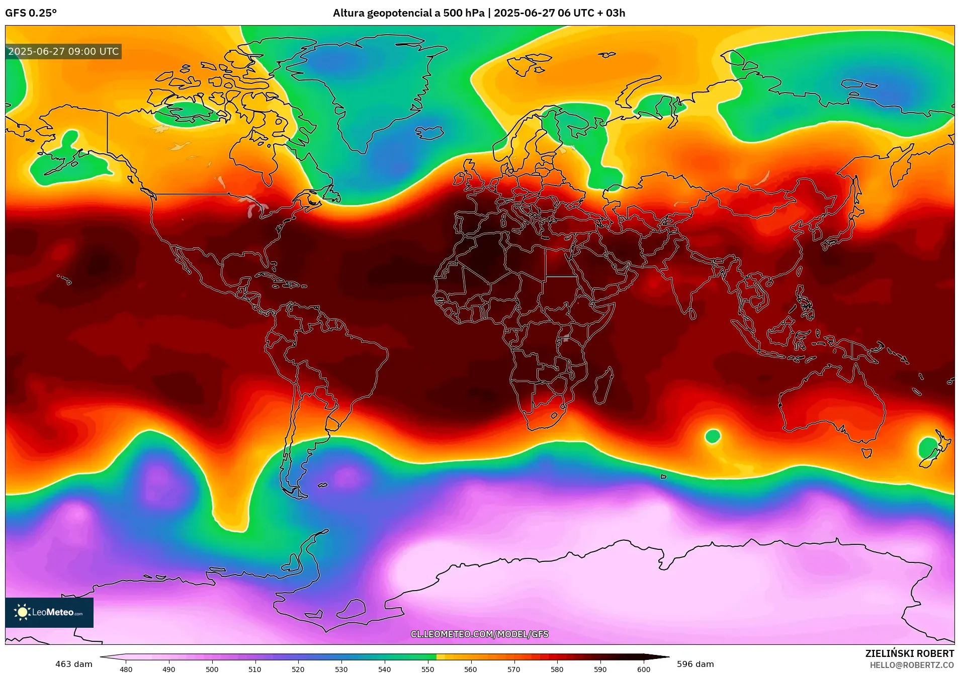 GFS model - Mundo, Altura geopotencial a 500 hPa GFS model - Mundo, Altura geopotencial a 500 hPa