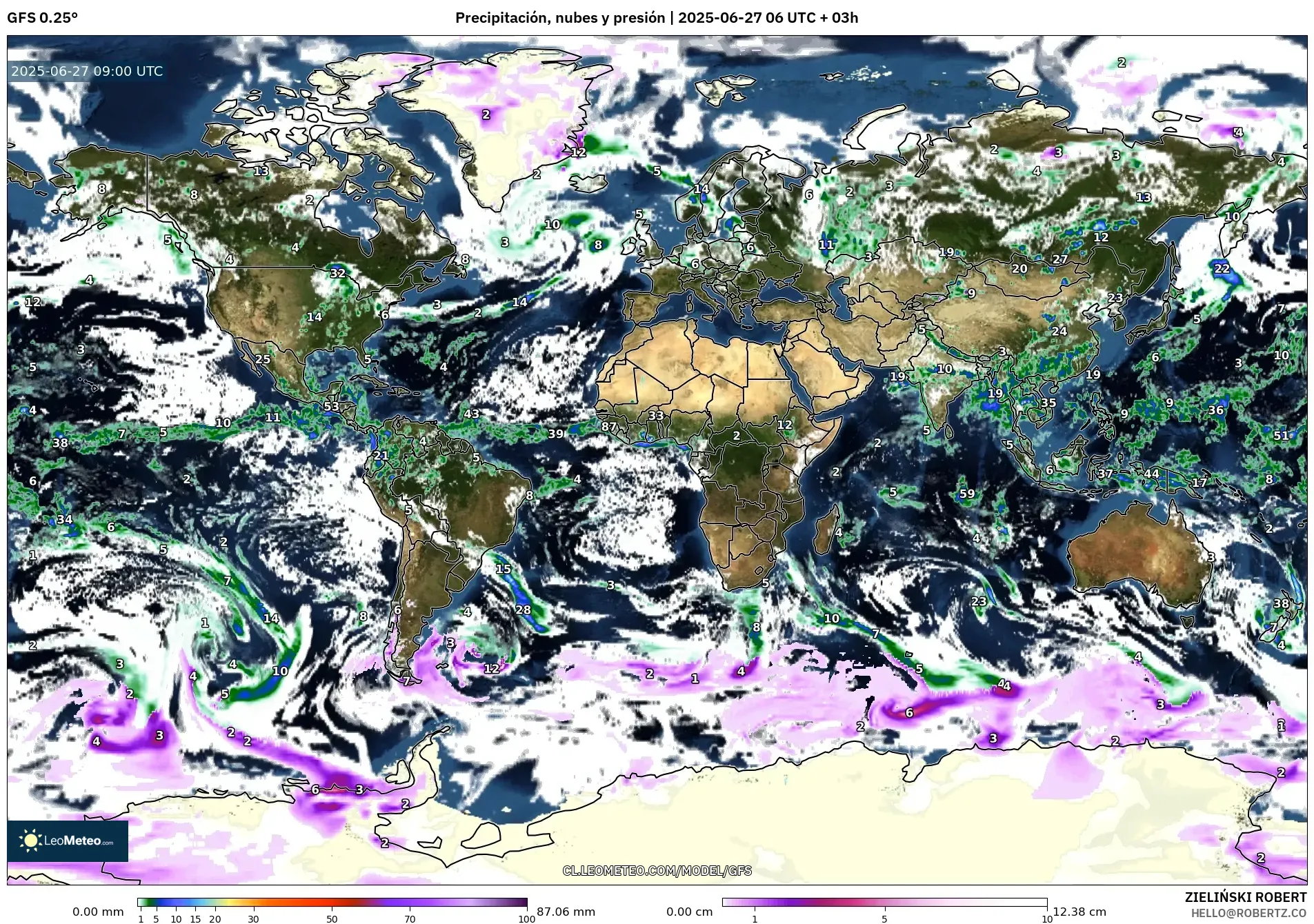 GFS model - Mundo, Precipitación, nubes y presión GFS model - Mundo, Precipitación, nubes y presión