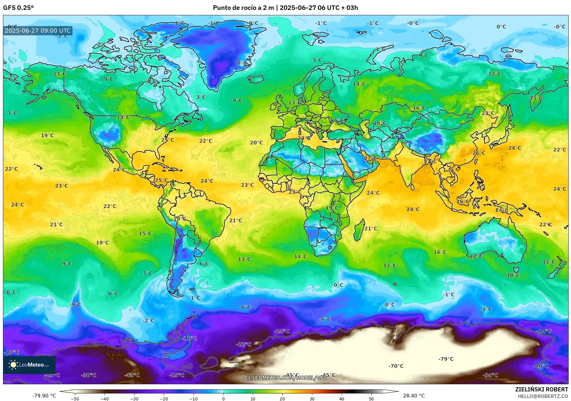 GFS model - Mundo, Punto de rocío a 2 m GFS model - Mundo, Punto de rocío a 2 m