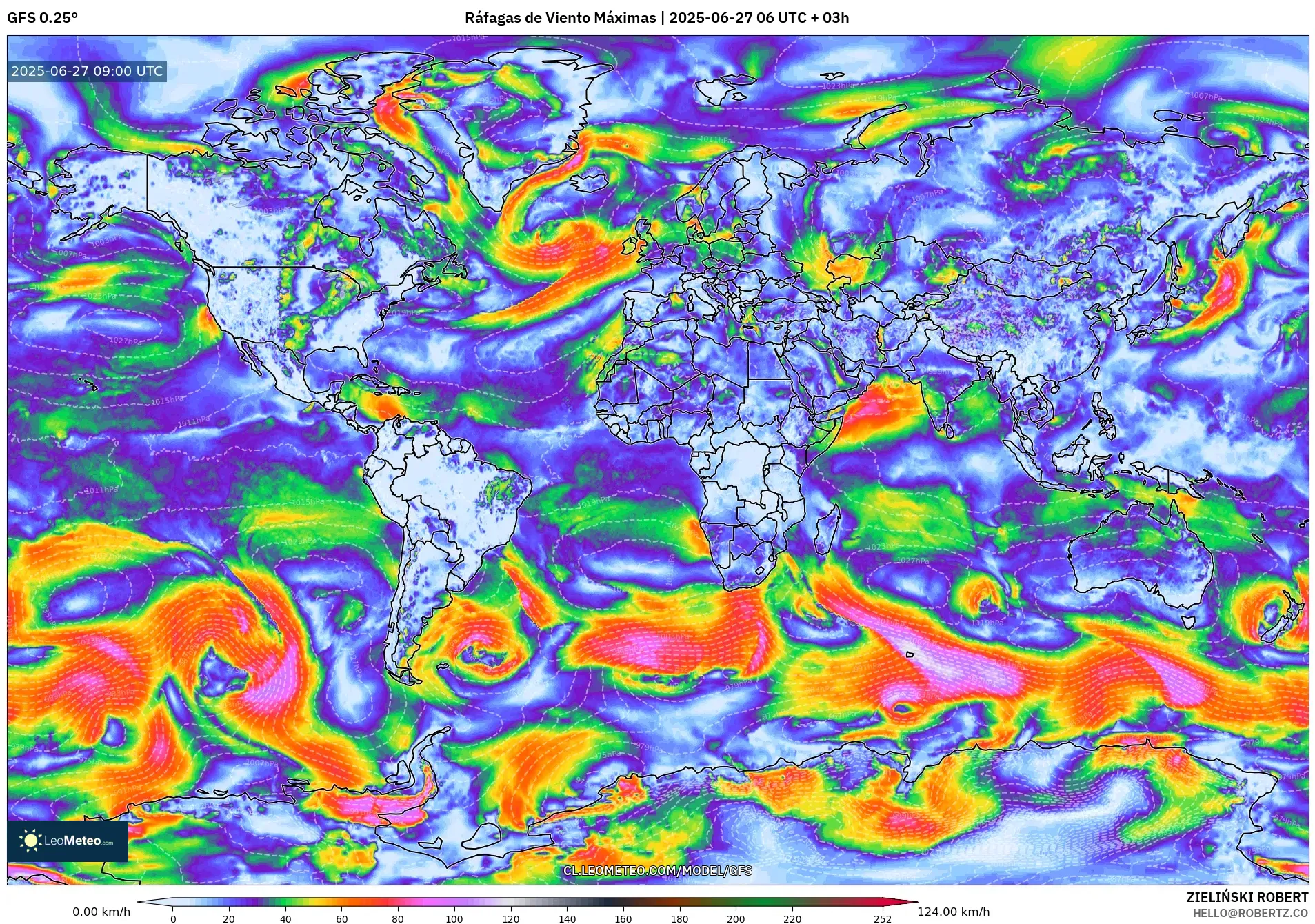 GFS model - Mundo, Ráfagas de Viento Máximas GFS model - Mundo, Ráfagas de Viento Máximas
