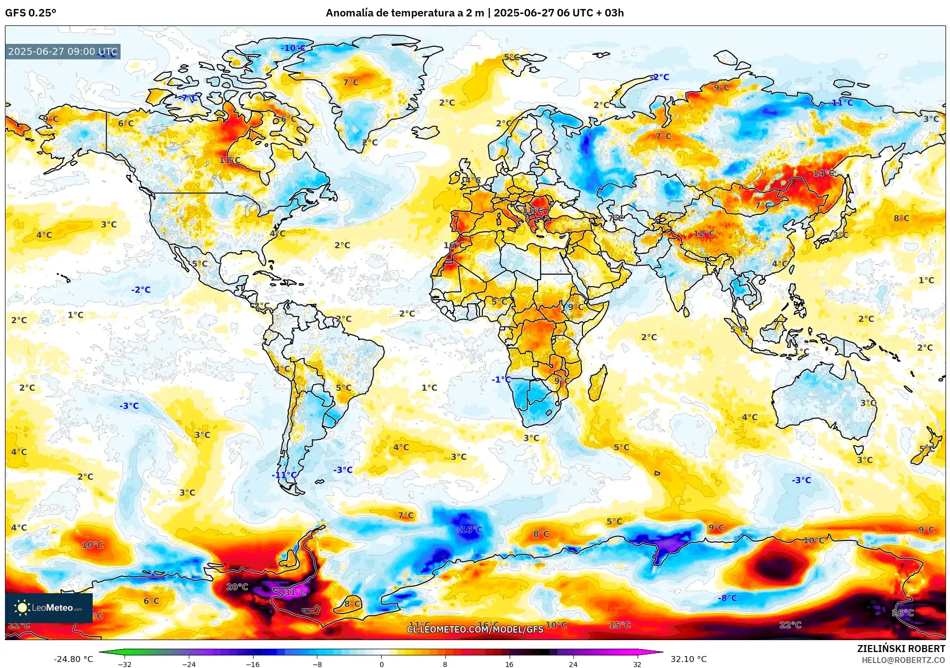 GFS model - Mundo, Anomalía de temperatura a 2 m GFS model - Mundo, Anomalía de temperatura a 2 m
