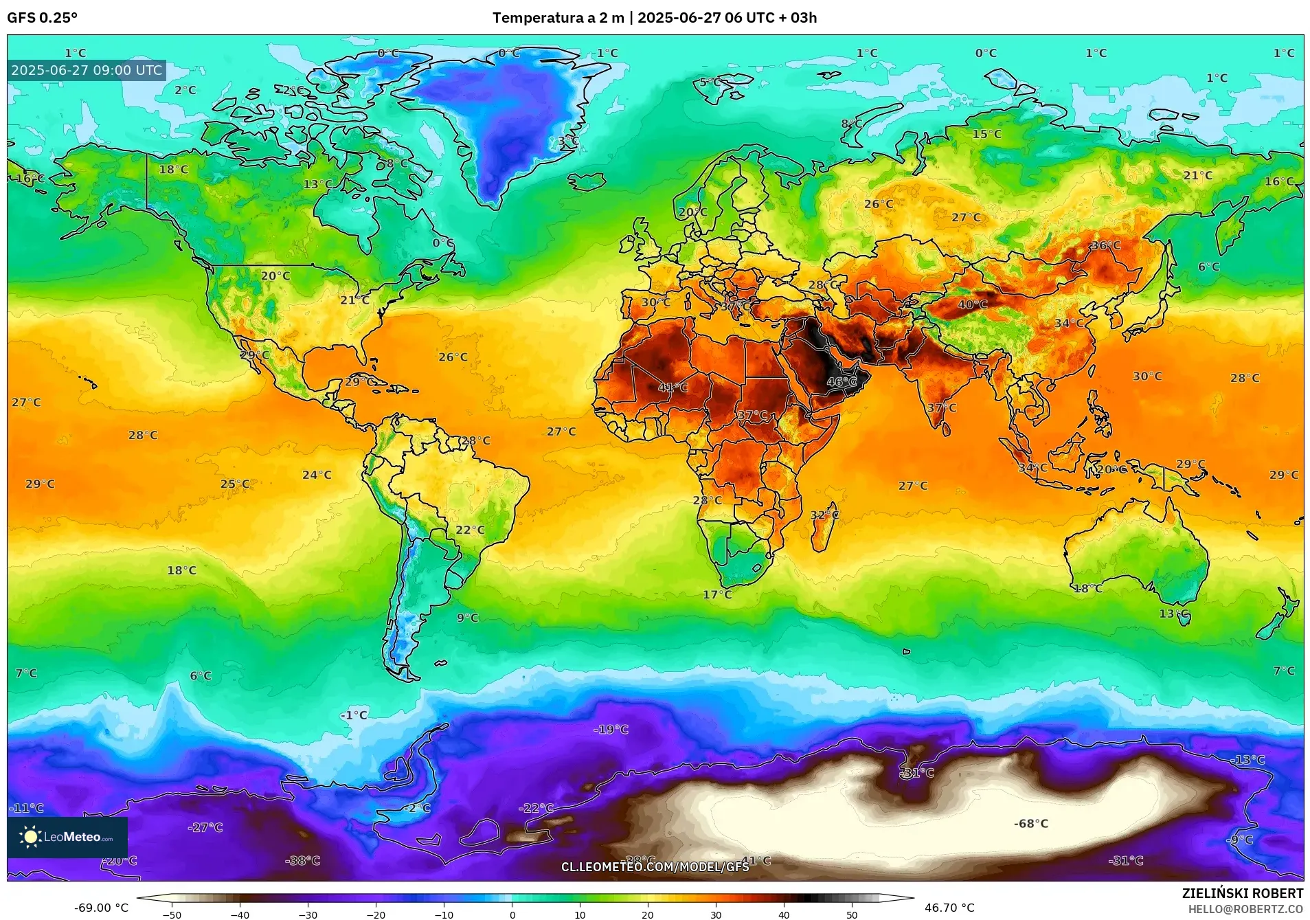 GFS model - Mundo, Temperatura a 2 m GFS model - Mundo, Temperatura a 2 m