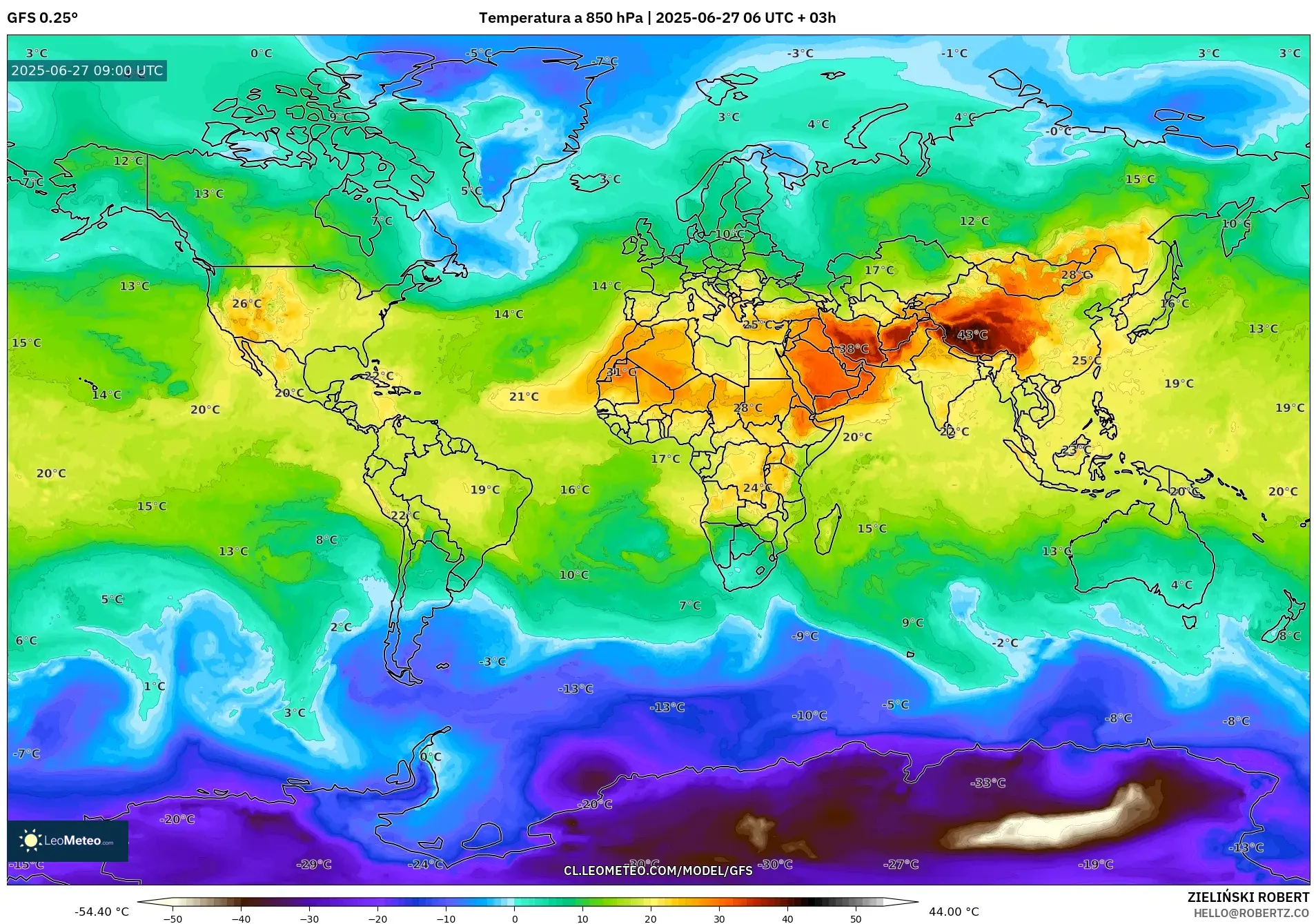 GFS model - Mundo, Temperatura a 850 hPa GFS model - Mundo, Temperatura a 850 hPa