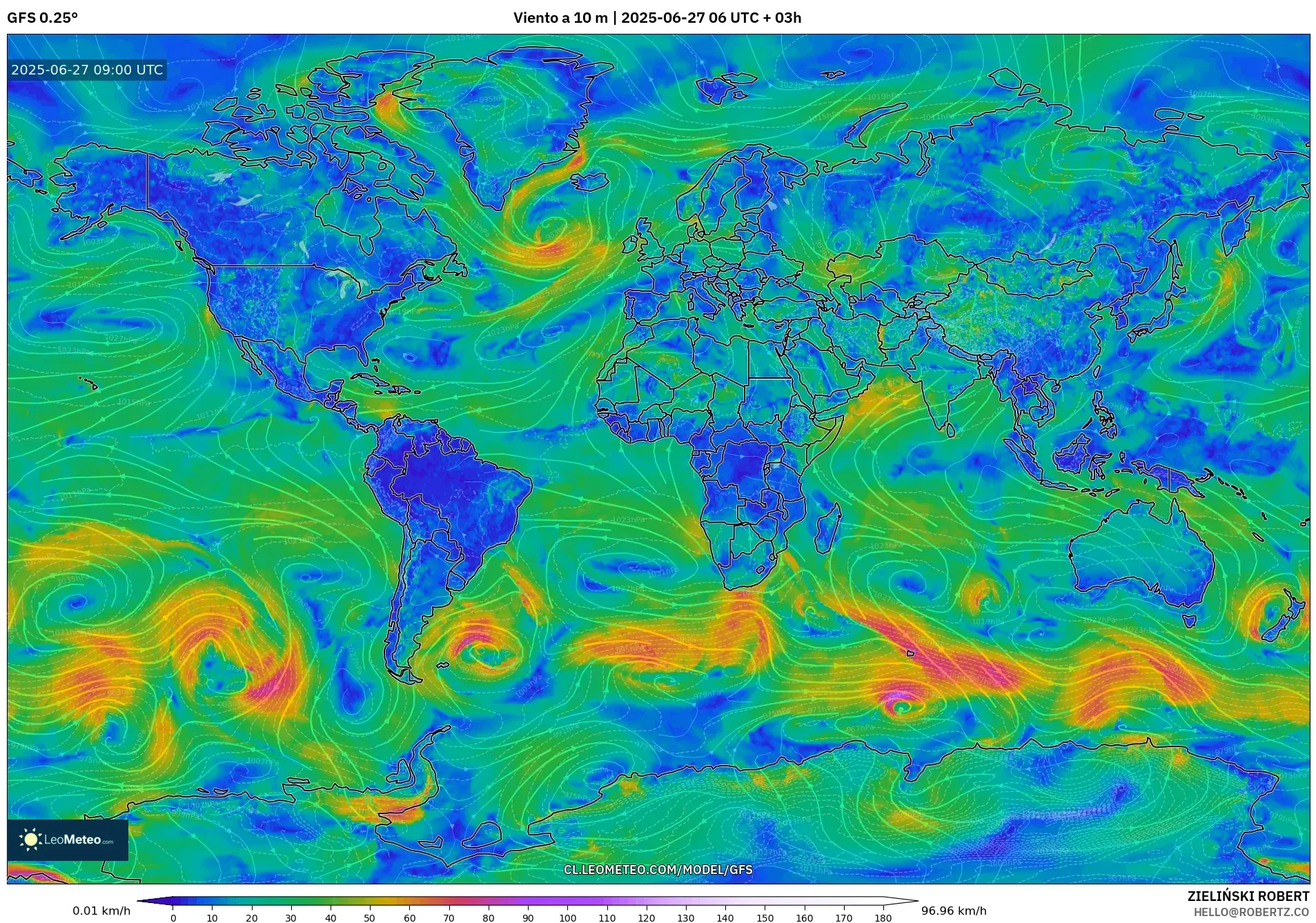 GFS model - Mundo, Viento a 10 m GFS model - Mundo, Viento a 10 m