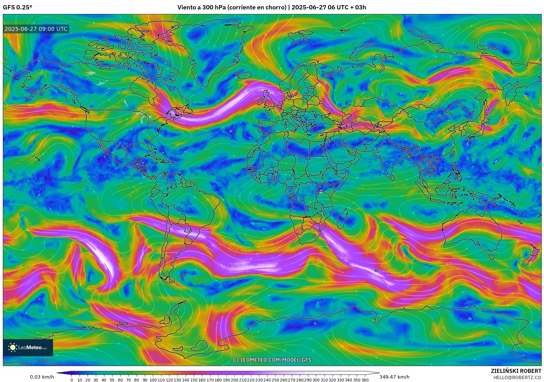 GFS model - Mundo, Viento a 300 hPa (corriente en chorro) GFS model - Mundo, Viento a 300 hPa (corriente en chorro)