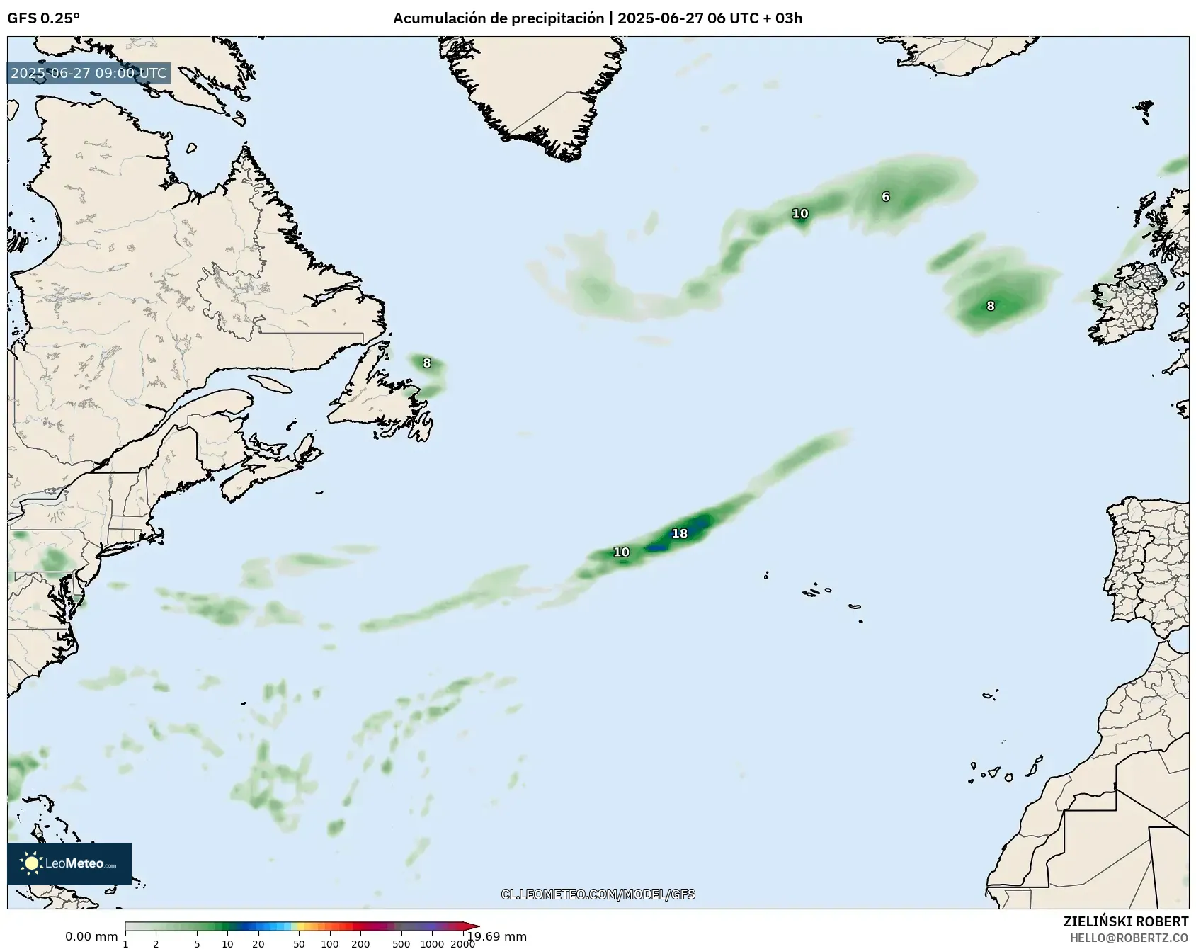 GFS model - Norte Atlántico, Acumulación de precipitación GFS model - Norte Atlántico, Acumulación de precipitación