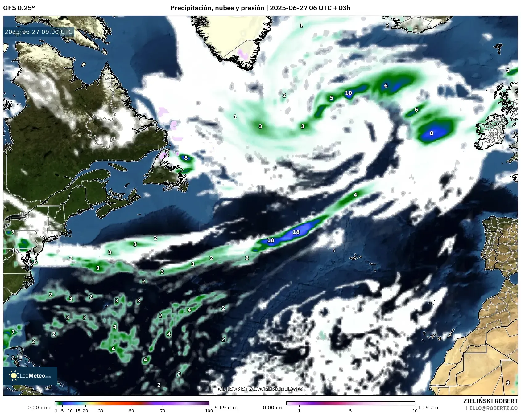 GFS model - Norte Atlántico, Precipitación, nubes y presión GFS model - Norte Atlántico, Precipitación, nubes y presión