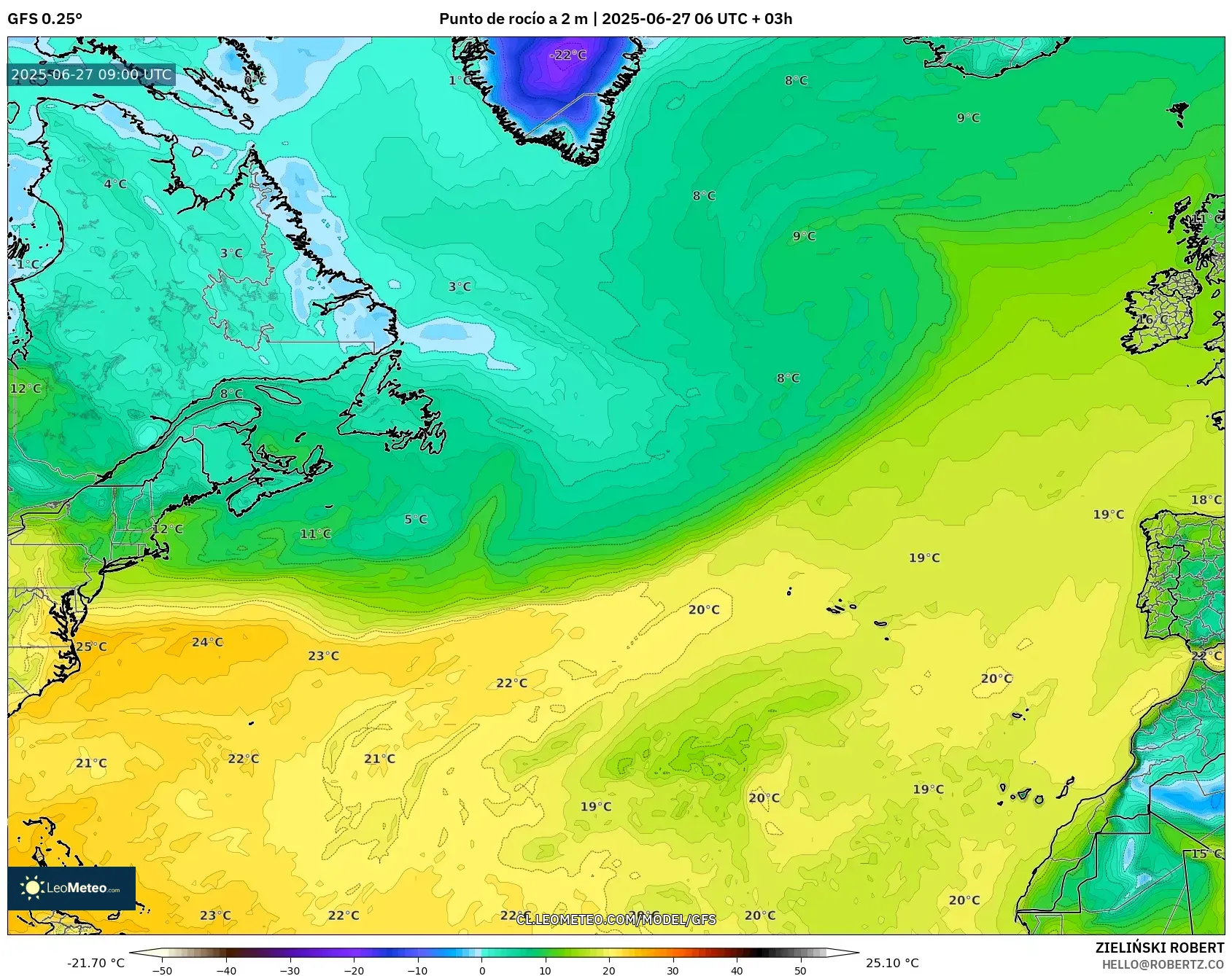 GFS model - Norte Atlántico, Punto de rocío a 2 m GFS model - Norte Atlántico, Punto de rocío a 2 m