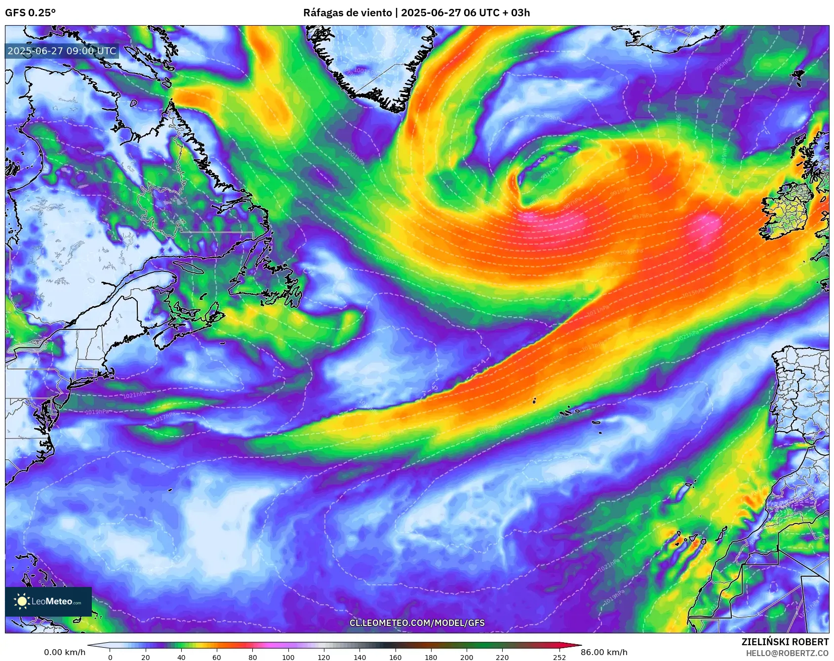 GFS model - Norte Atlántico, Ráfagas de viento GFS model - Norte Atlántico, Ráfagas de viento