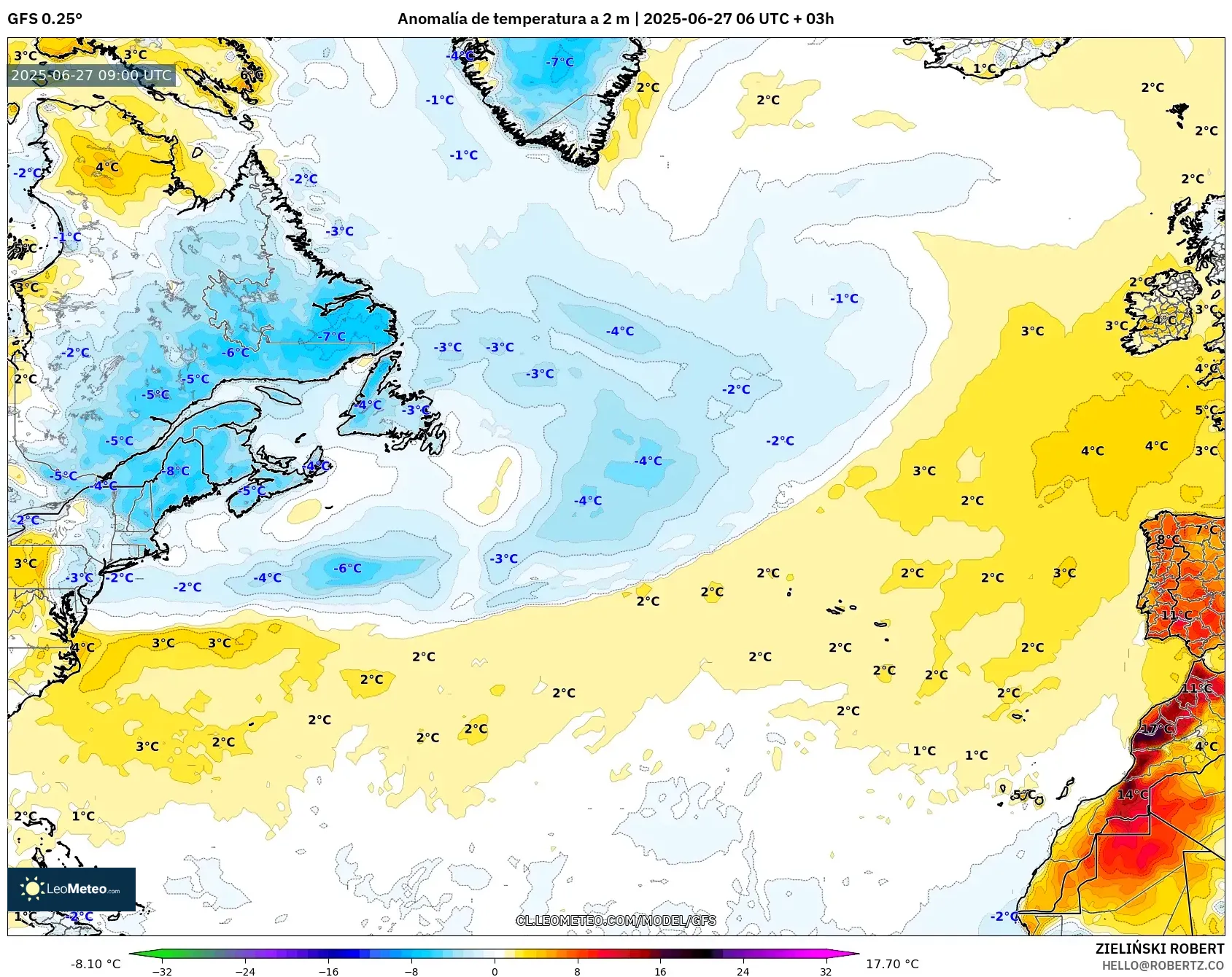 GFS model - Norte Atlántico, Anomalía de temperatura a 2 m GFS model - Norte Atlántico, Anomalía de temperatura a 2 m