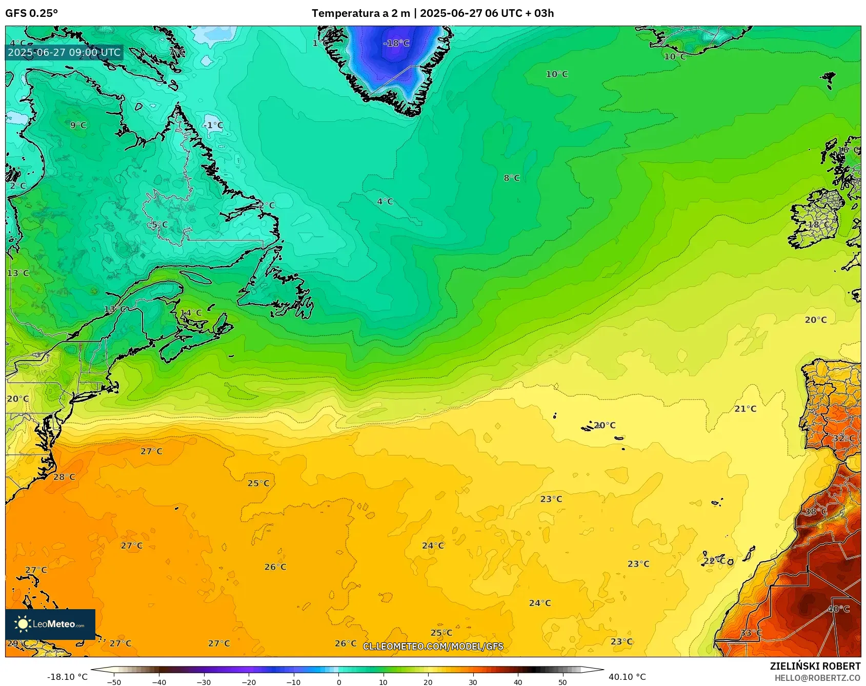 GFS model - Norte Atlántico, Temperatura a 2 m GFS model - Norte Atlántico, Temperatura a 2 m