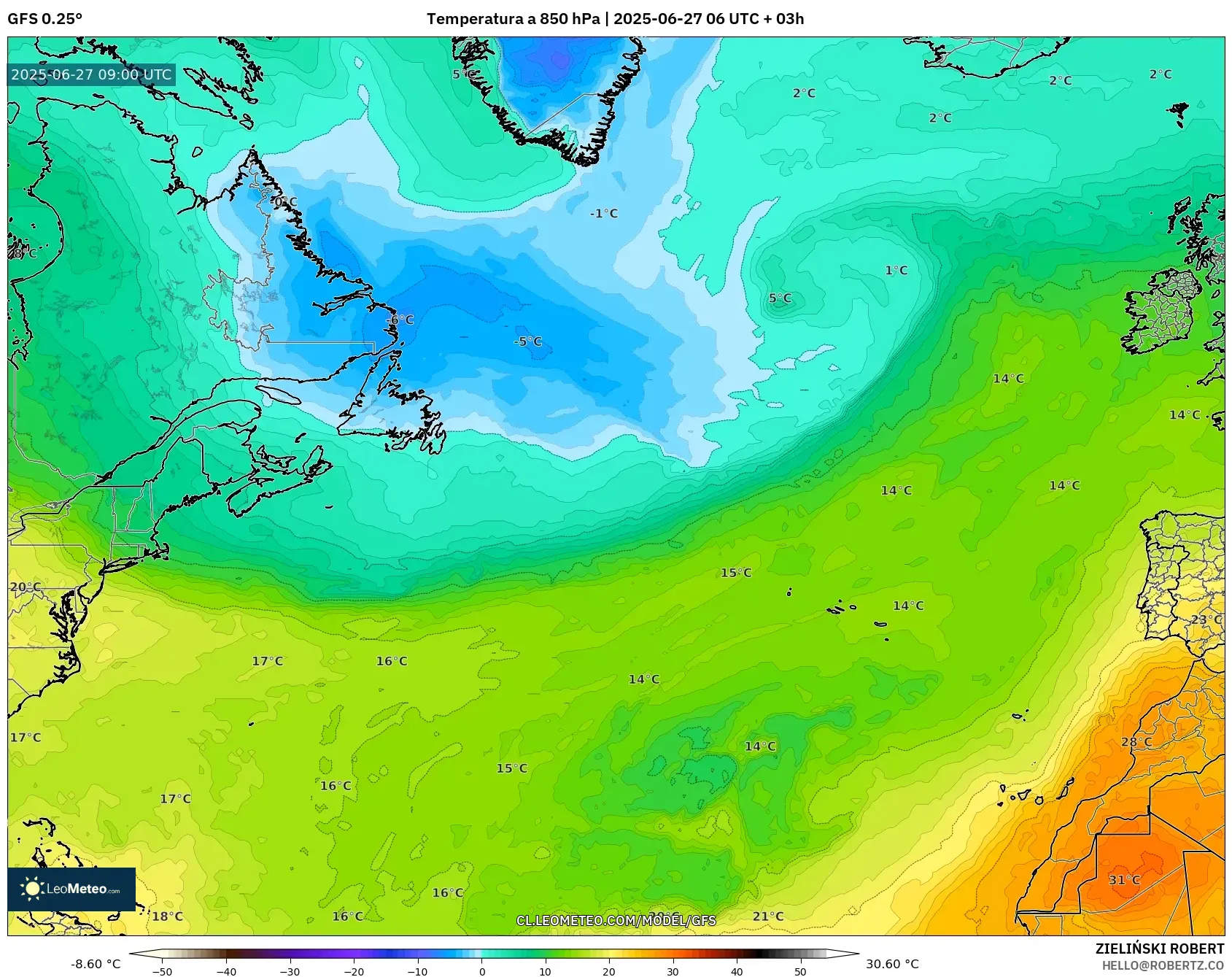 GFS model - Norte Atlántico, Temperatura a 850 hPa GFS model - Norte Atlántico, Temperatura a 850 hPa