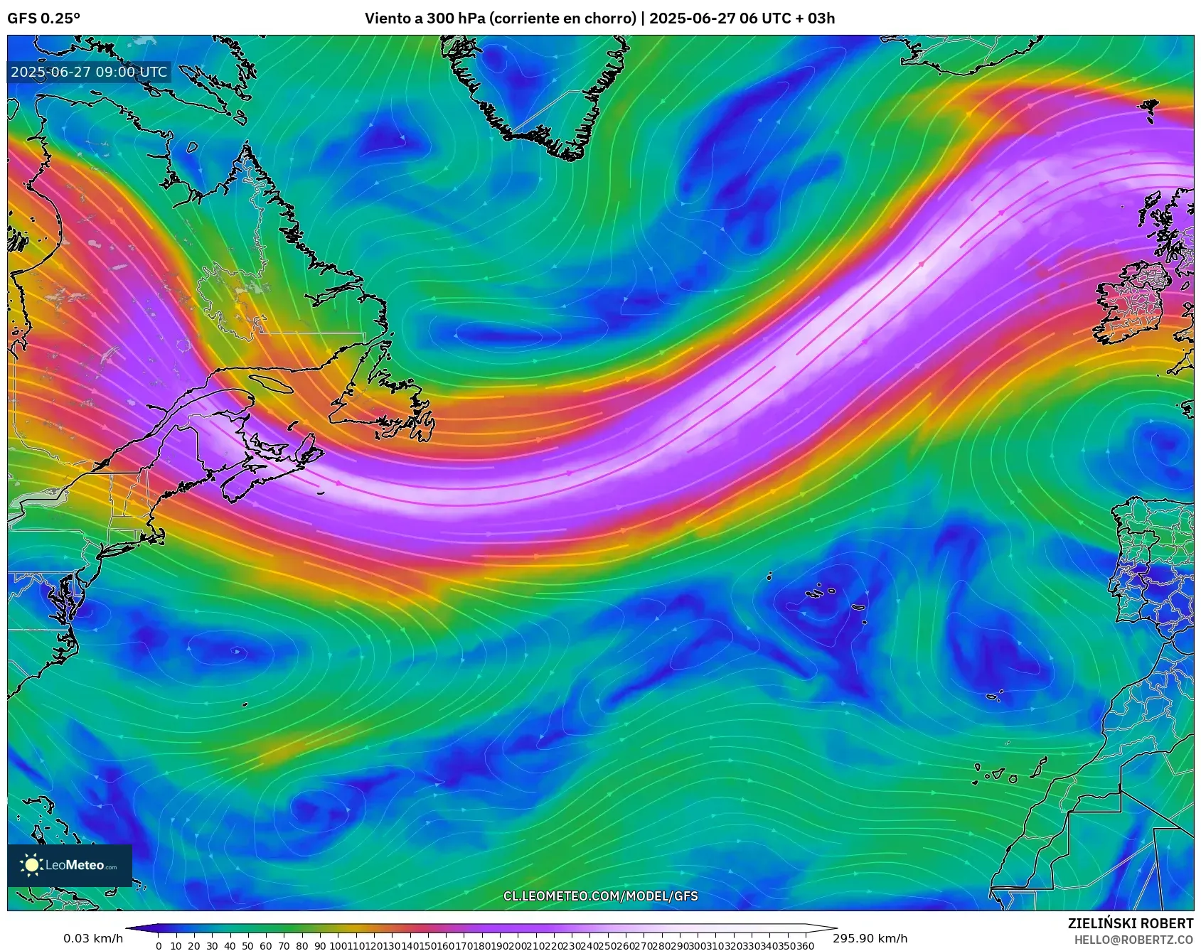 GFS model - Norte Atlántico, Viento a 300 hPa (corriente en chorro) GFS model - Norte Atlántico, Viento a 300 hPa (corriente en chorro)