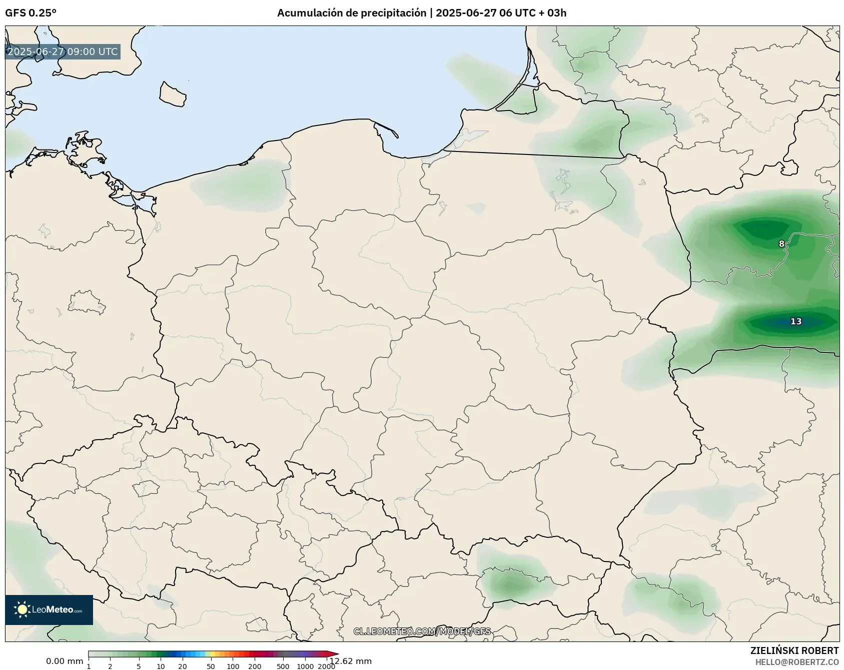 GFS model - Polonia, Acumulación de precipitación GFS model - Polonia, Acumulación de precipitación