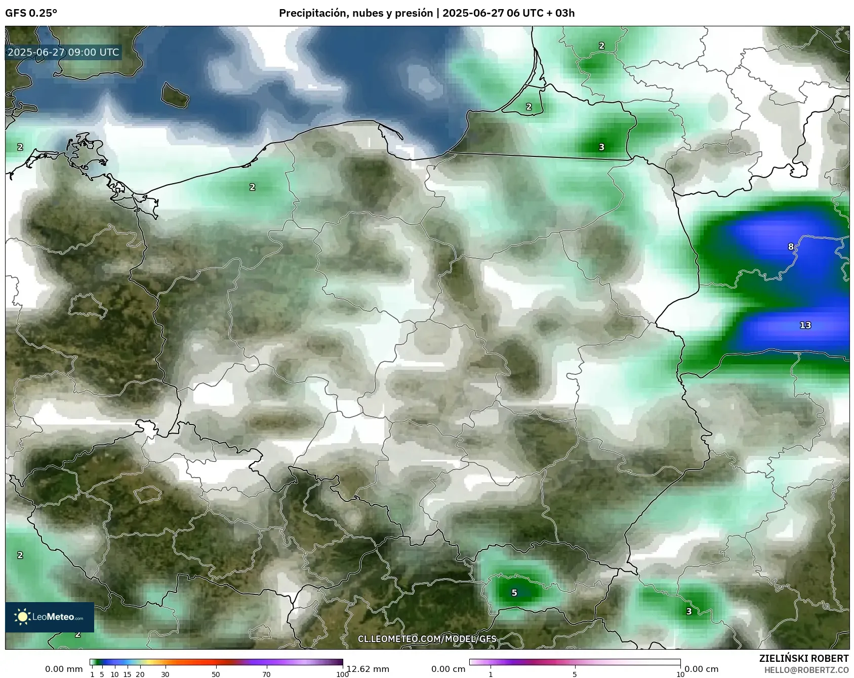 GFS model - Polonia, Precipitación, nubes y presión GFS model - Polonia, Precipitación, nubes y presión