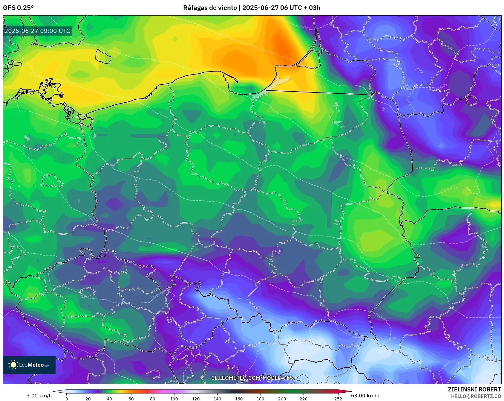 GFS model - Polonia, Ráfagas de viento GFS model - Polonia, Ráfagas de viento