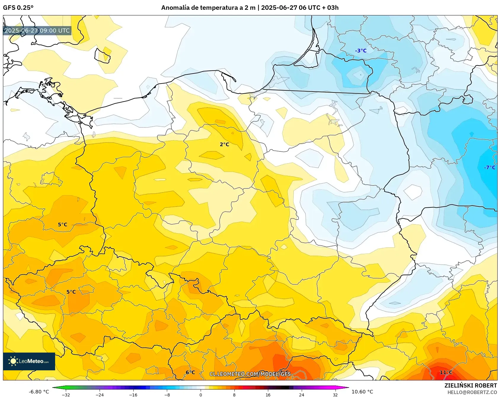 GFS model - Polonia, Anomalía de temperatura a 2 m GFS model - Polonia, Anomalía de temperatura a 2 m