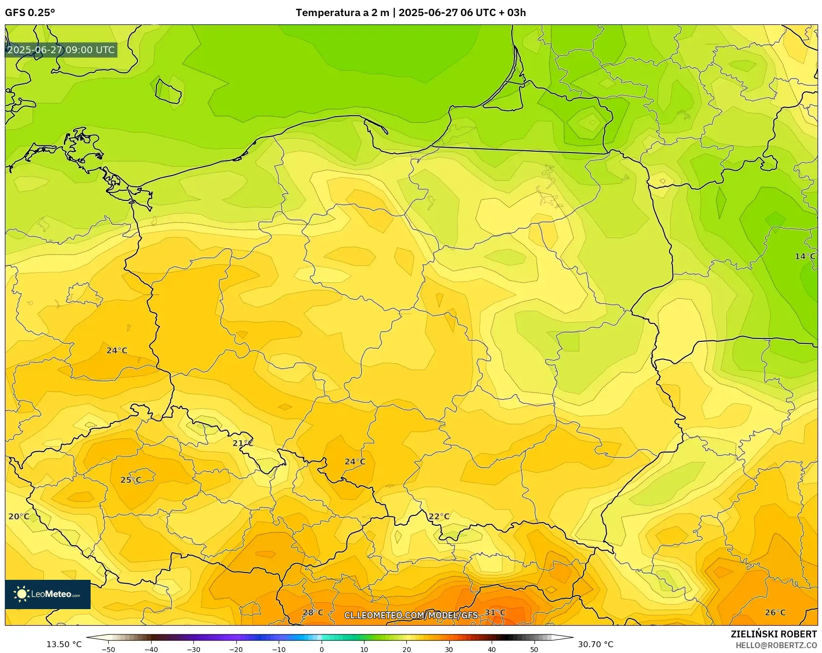 GFS model - Polonia, Temperatura a 2 m GFS model - Polonia, Temperatura a 2 m