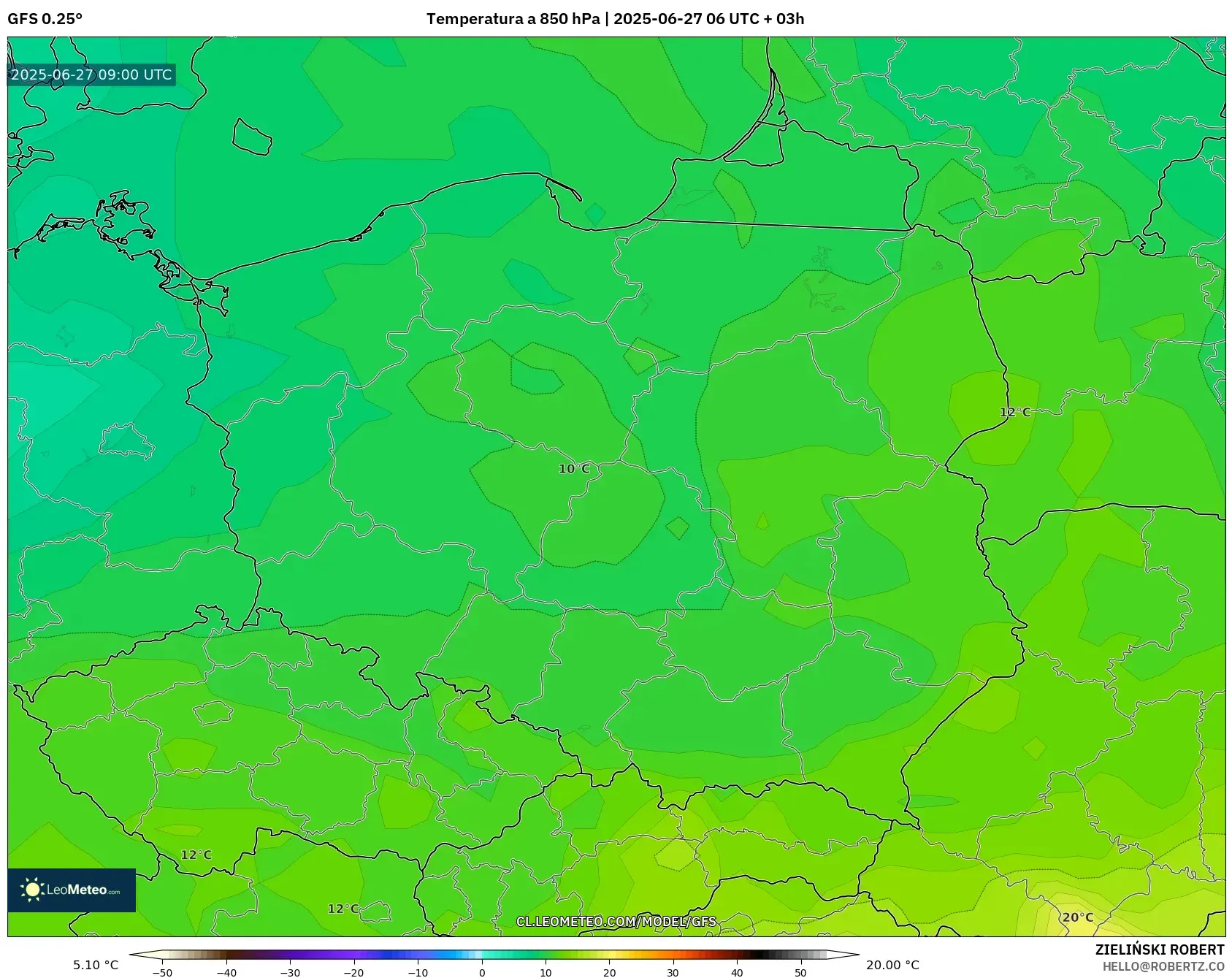 GFS model - Polonia, Temperatura a 850 hPa GFS model - Polonia, Temperatura a 850 hPa