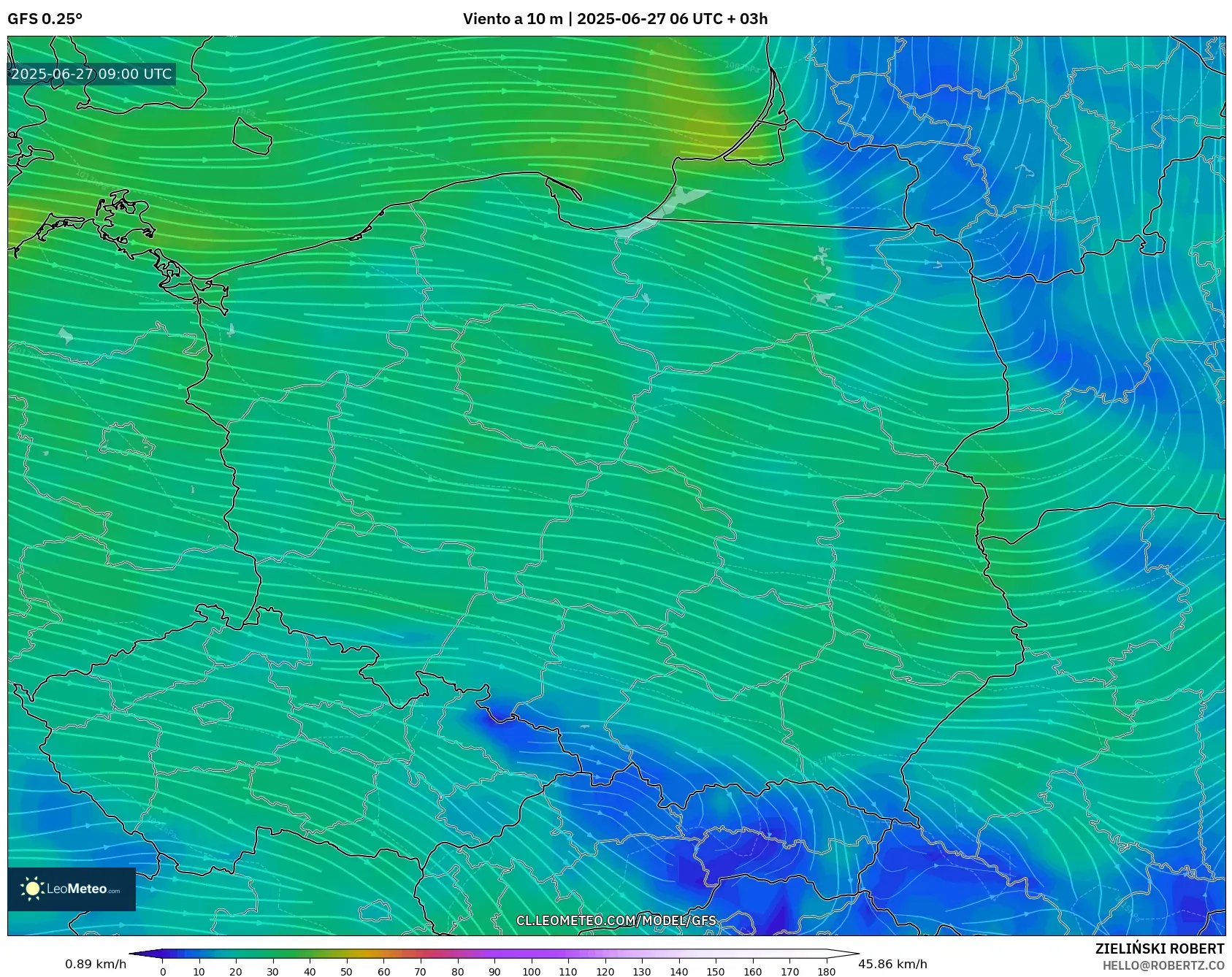 GFS model - Polonia, Viento a 10 m GFS model - Polonia, Viento a 10 m