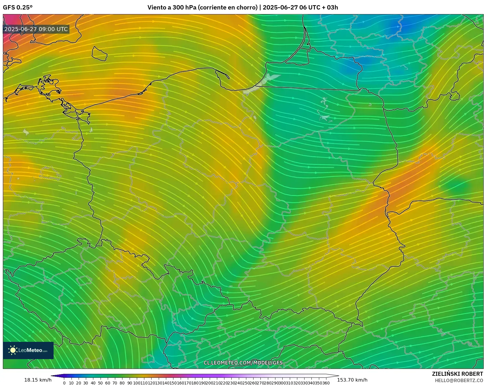 GFS model - Polonia, Viento a 300 hPa (corriente en chorro) GFS model - Polonia, Viento a 300 hPa (corriente en chorro)