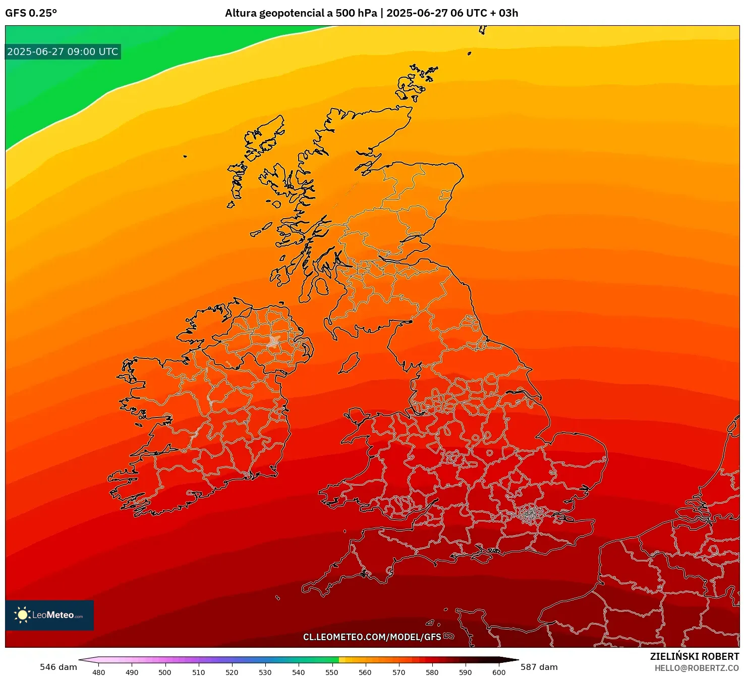GFS model - Reino Unido, Altura geopotencial a 500 hPa GFS model - Reino Unido, Altura geopotencial a 500 hPa