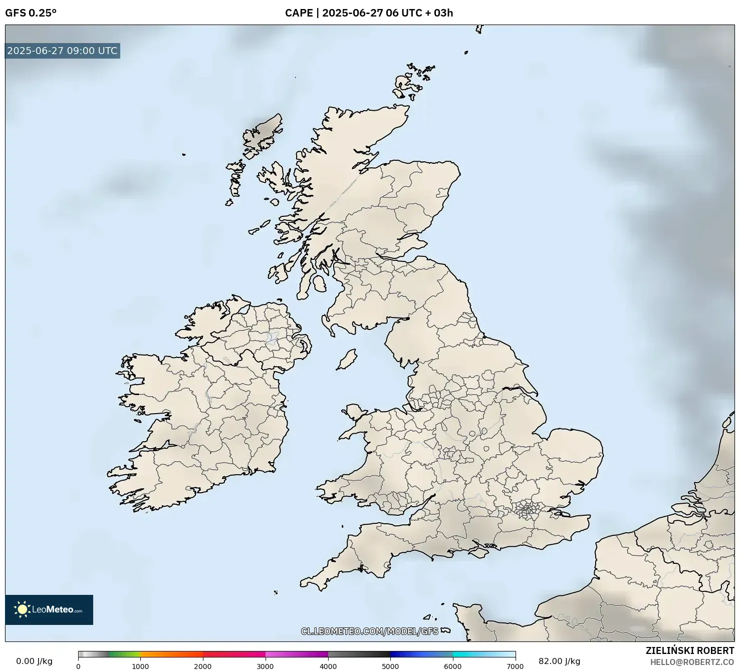 GFS model - Reino Unido, CAPE GFS model - Reino Unido, CAPE