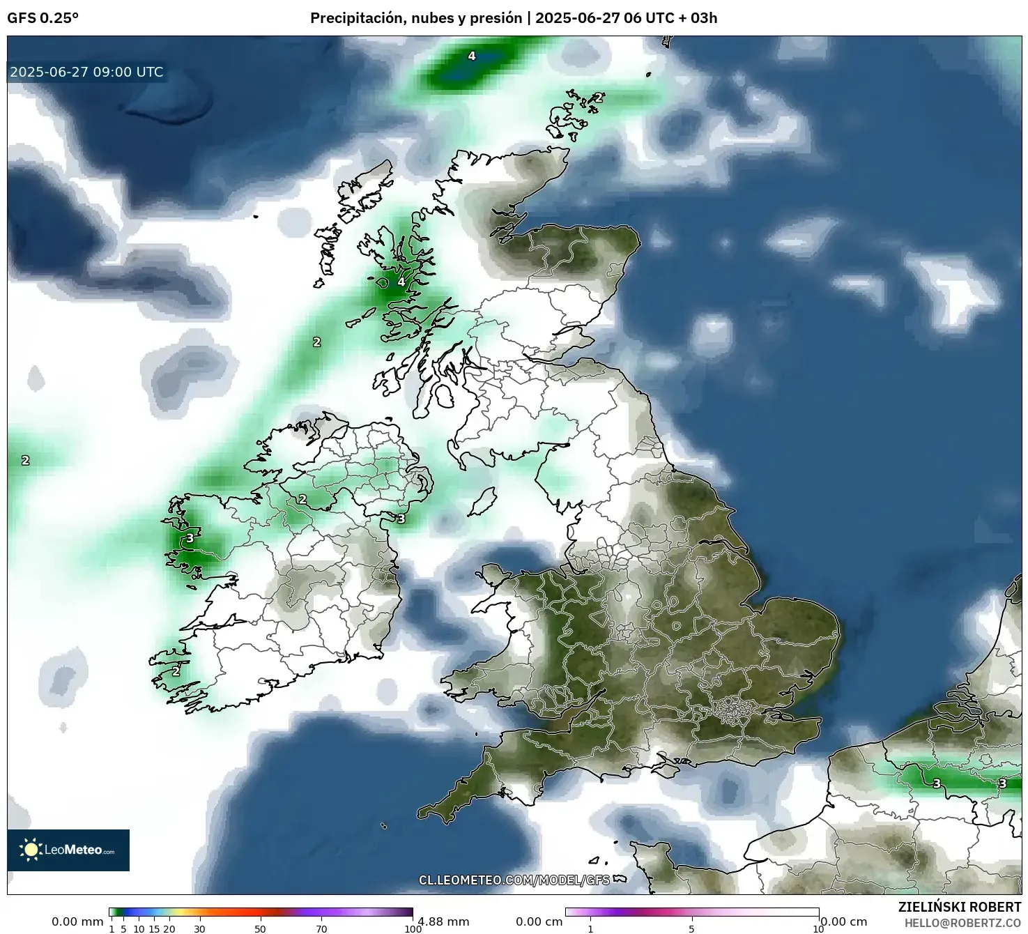 GFS model - Reino Unido, Precipitación, nubes y presión GFS model - Reino Unido, Precipitación, nubes y presión