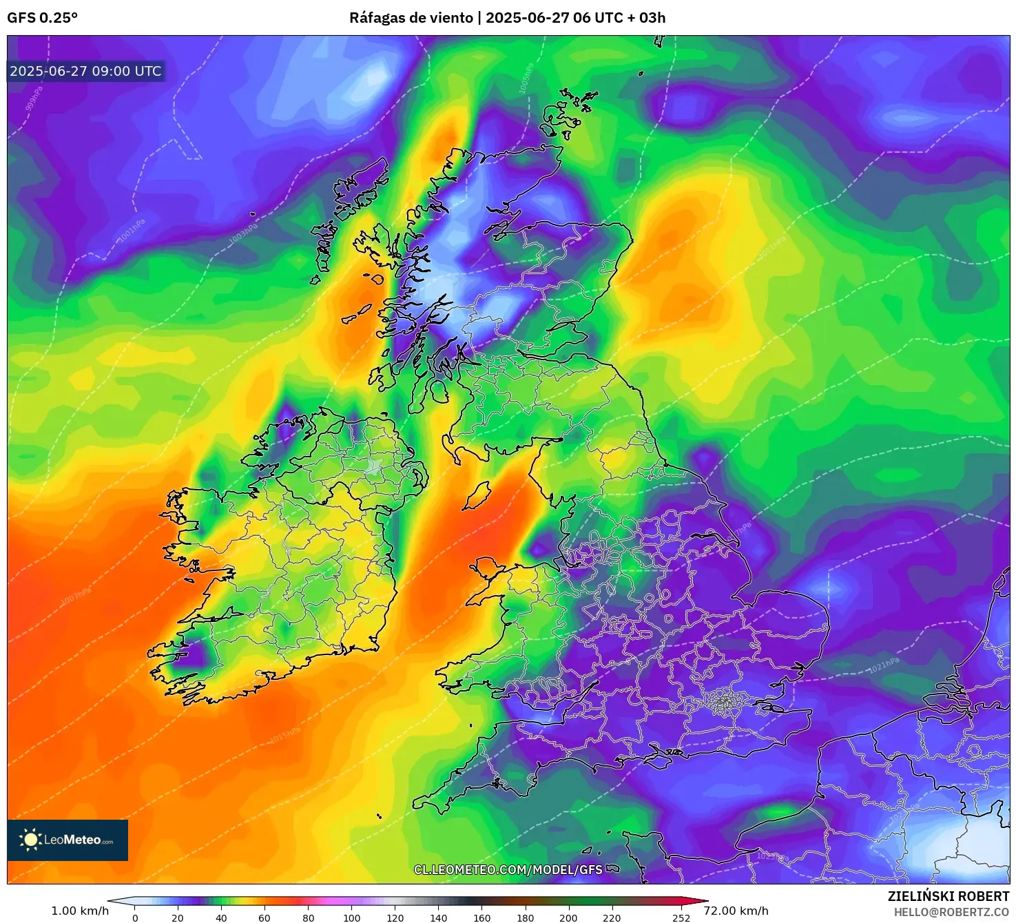 GFS model - Reino Unido, Ráfagas de viento GFS model - Reino Unido, Ráfagas de viento