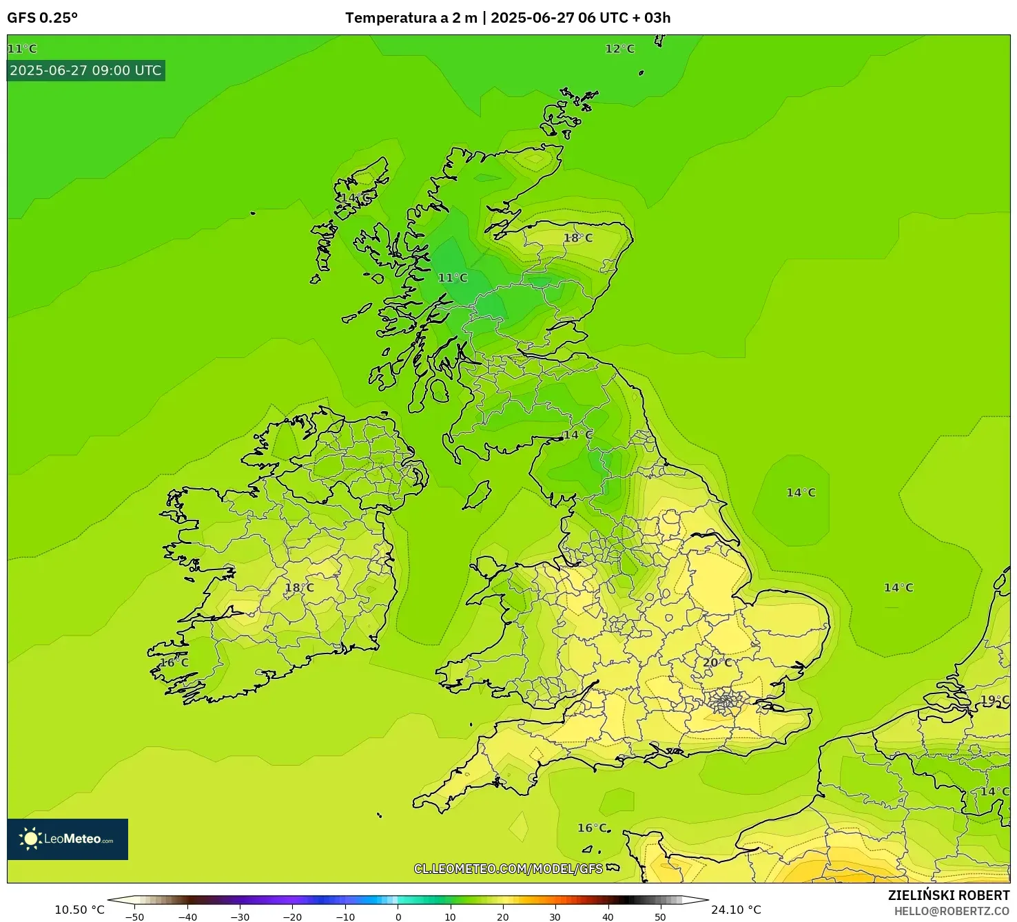 GFS model - Reino Unido, Temperatura a 2 m GFS model - Reino Unido, Temperatura a 2 m