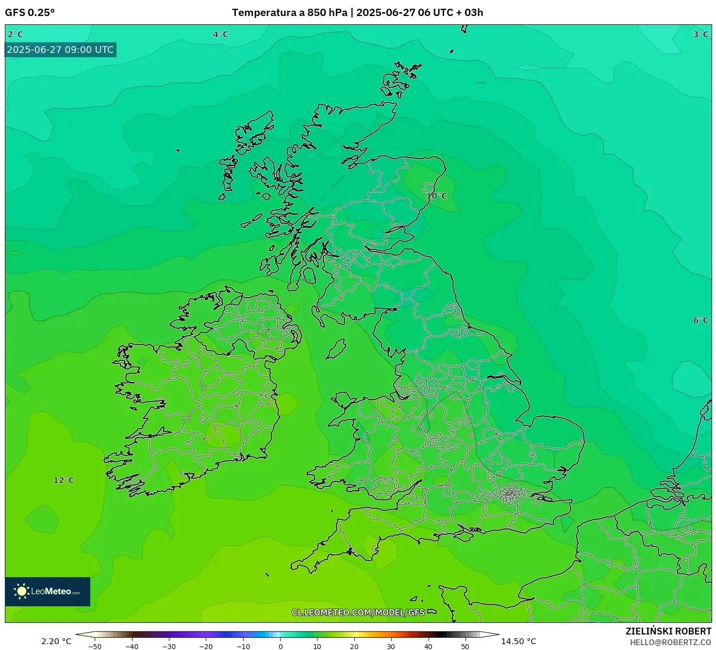 GFS model - Reino Unido, Temperatura a 850 hPa GFS model - Reino Unido, Temperatura a 850 hPa
