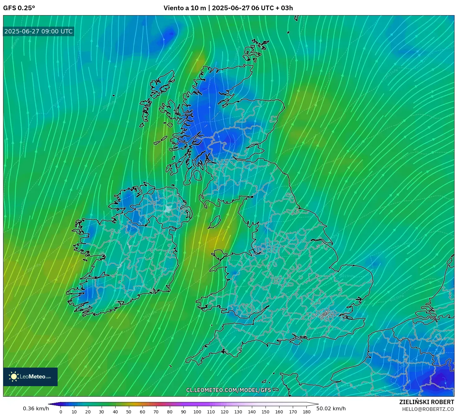 GFS model - Reino Unido, Viento a 10 m GFS model - Reino Unido, Viento a 10 m