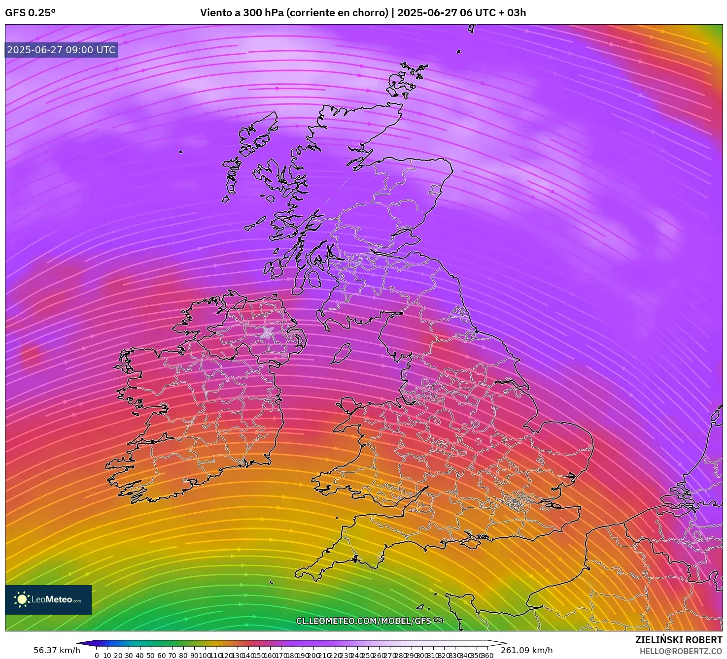 GFS model - Reino Unido, Viento a 300 hPa (corriente en chorro) GFS model - Reino Unido, Viento a 300 hPa (corriente en chorro)
