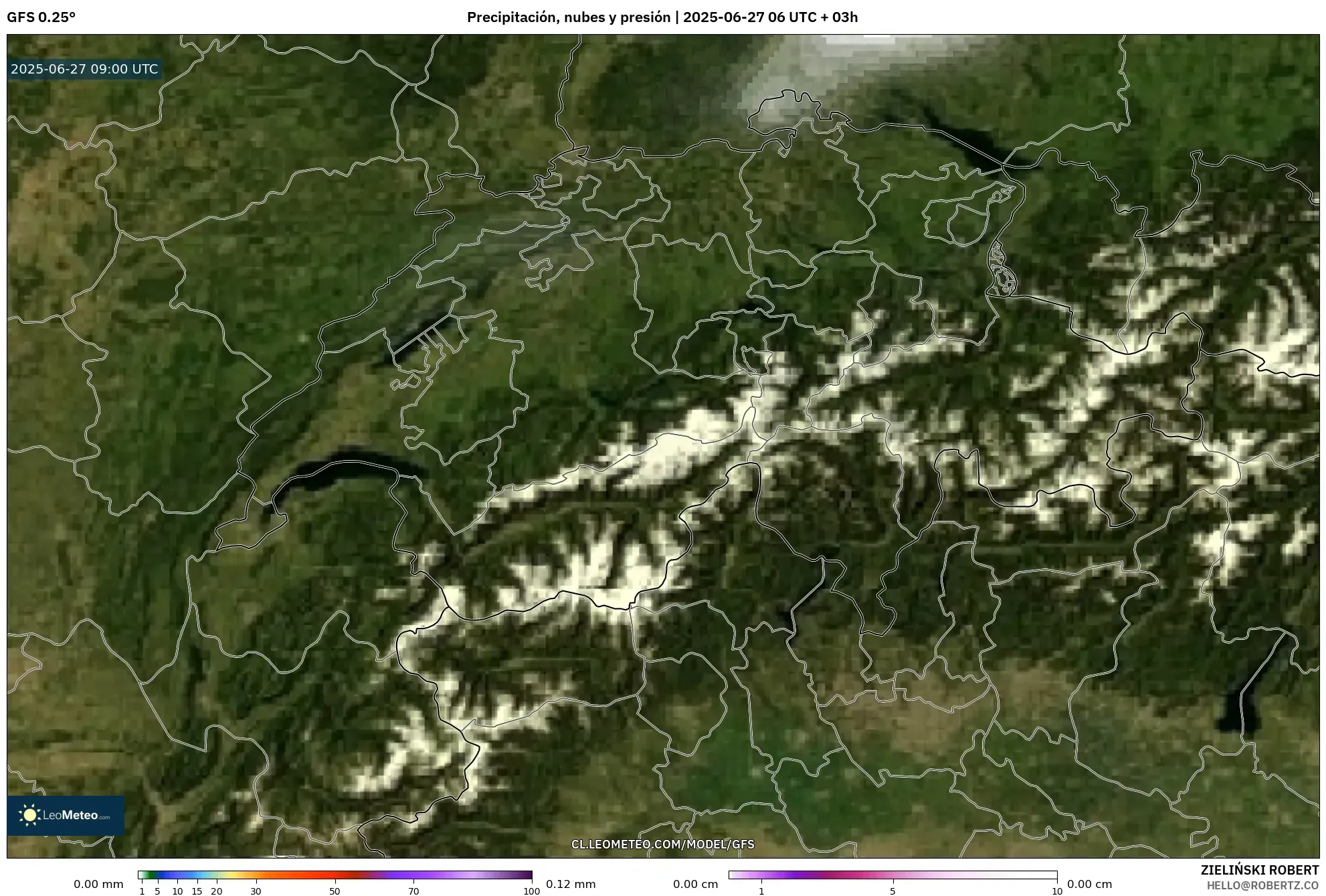 GFS model - Suiza, Precipitación, nubes y presión GFS model - Suiza, Precipitación, nubes y presión