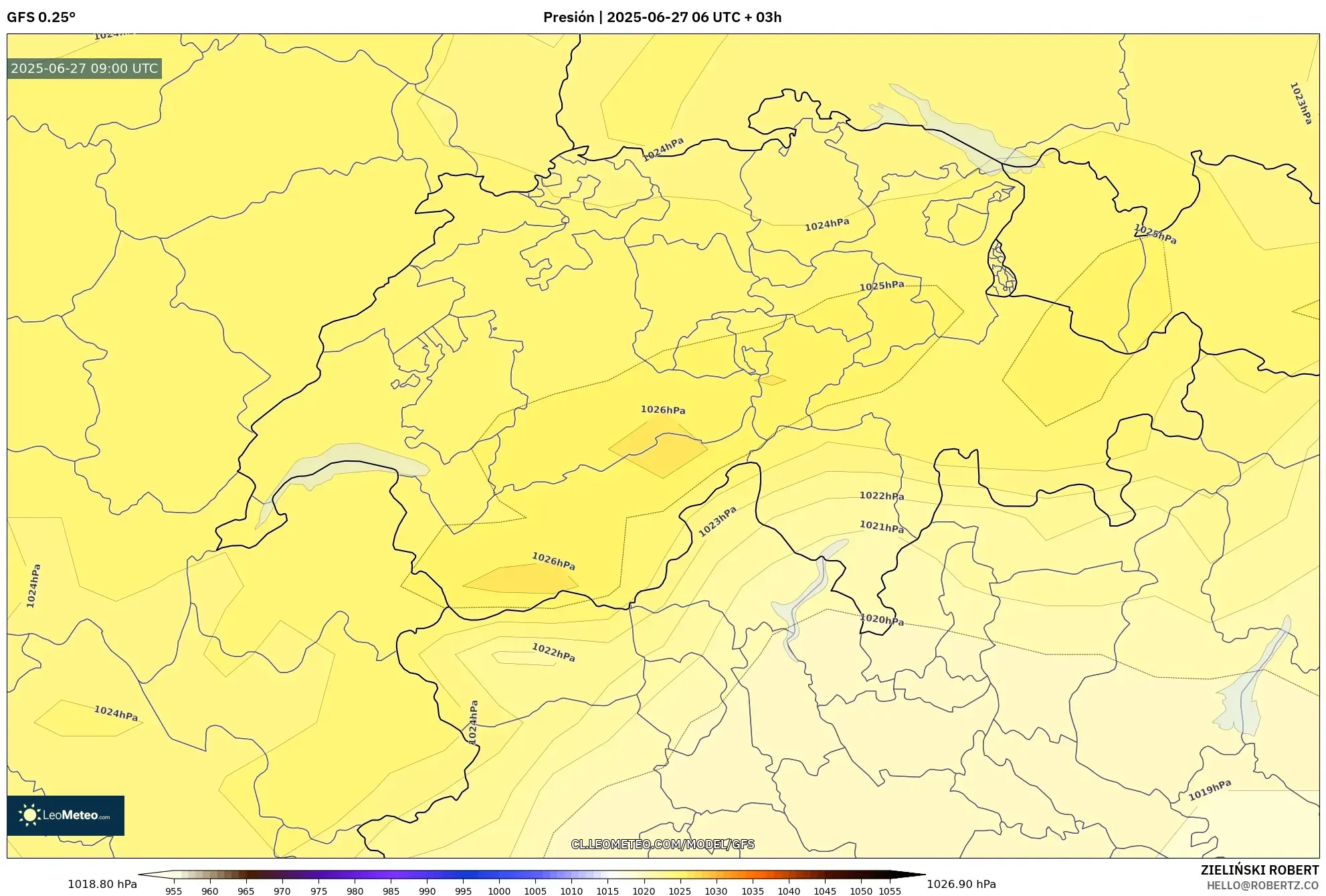 GFS model - Suiza, Presión GFS model - Suiza, Presión